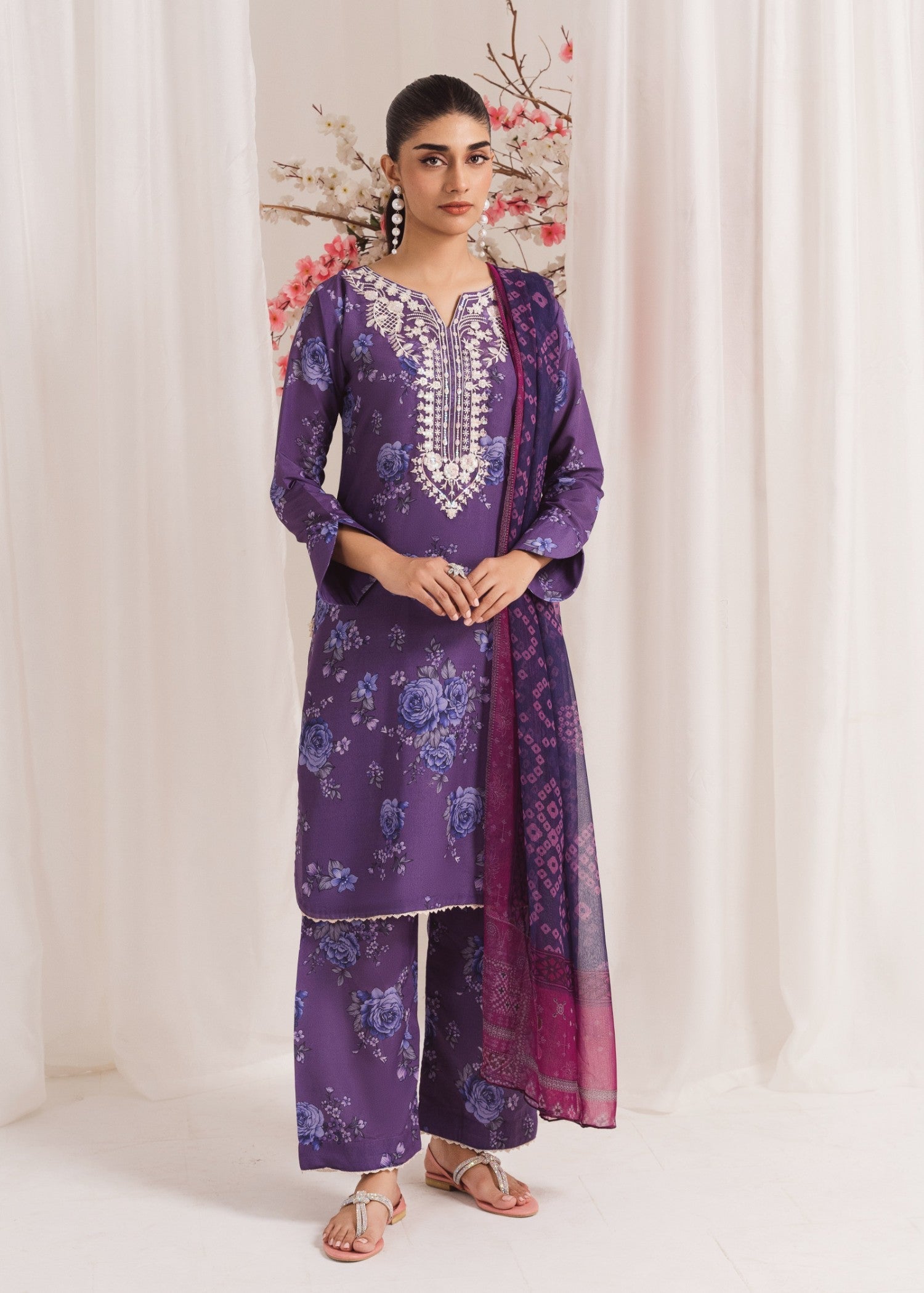 Pakistani Plum Embroidered Poly Lawn Kurta Set (3-Piece) - Image 1