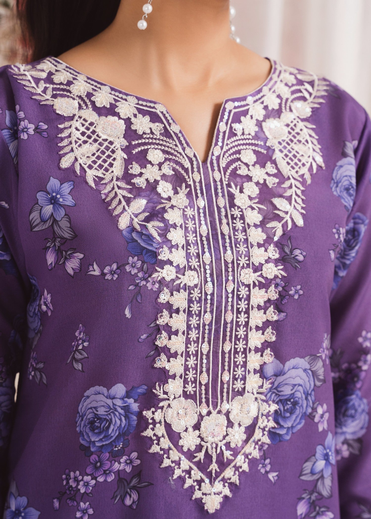 Pakistani Plum Embroidered Poly Lawn Kurta Set (3-Piece) - Image 6