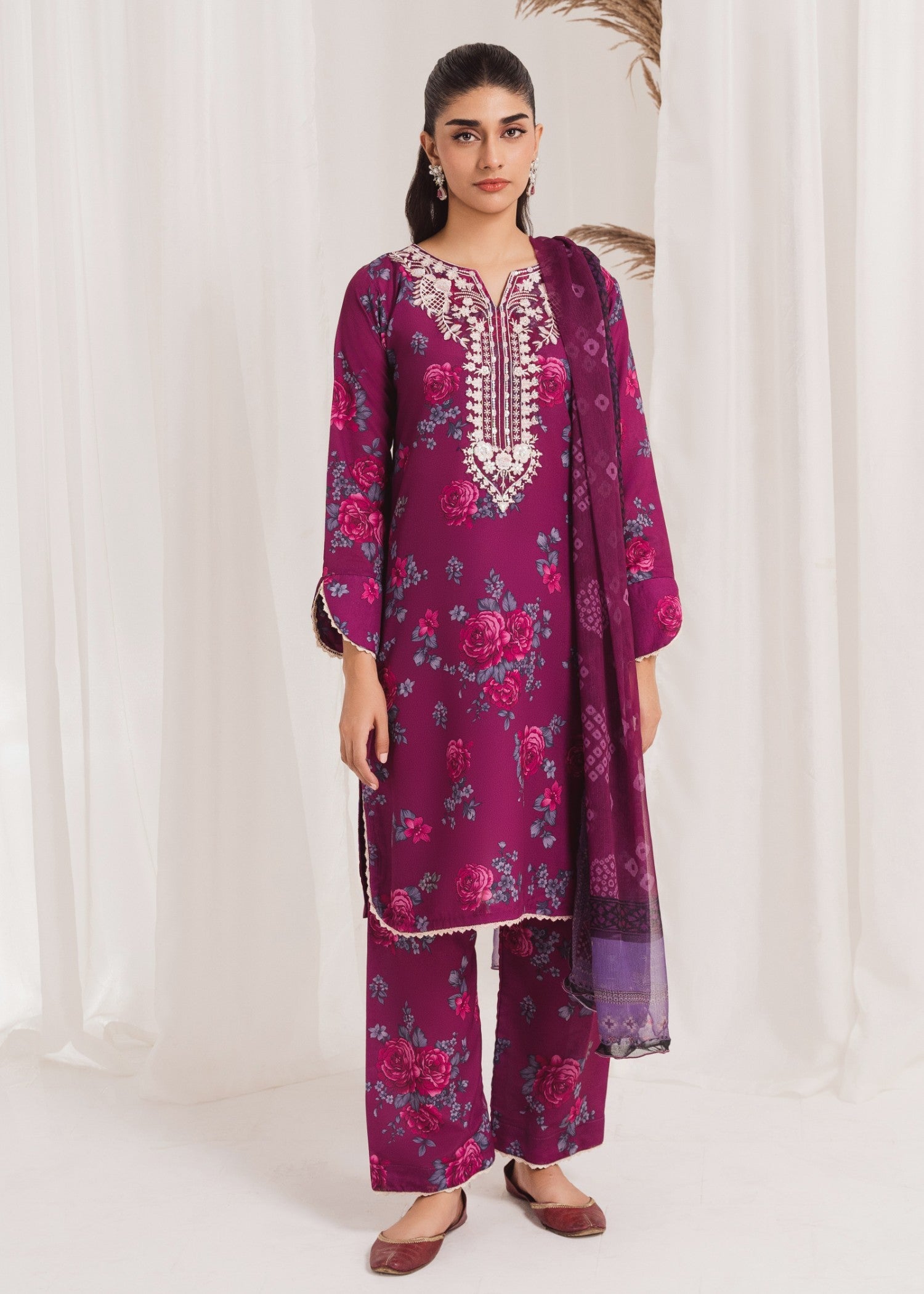 Pakistani Plum Printed Poly Lawn Kurta Set (3-Piece) - Image 1