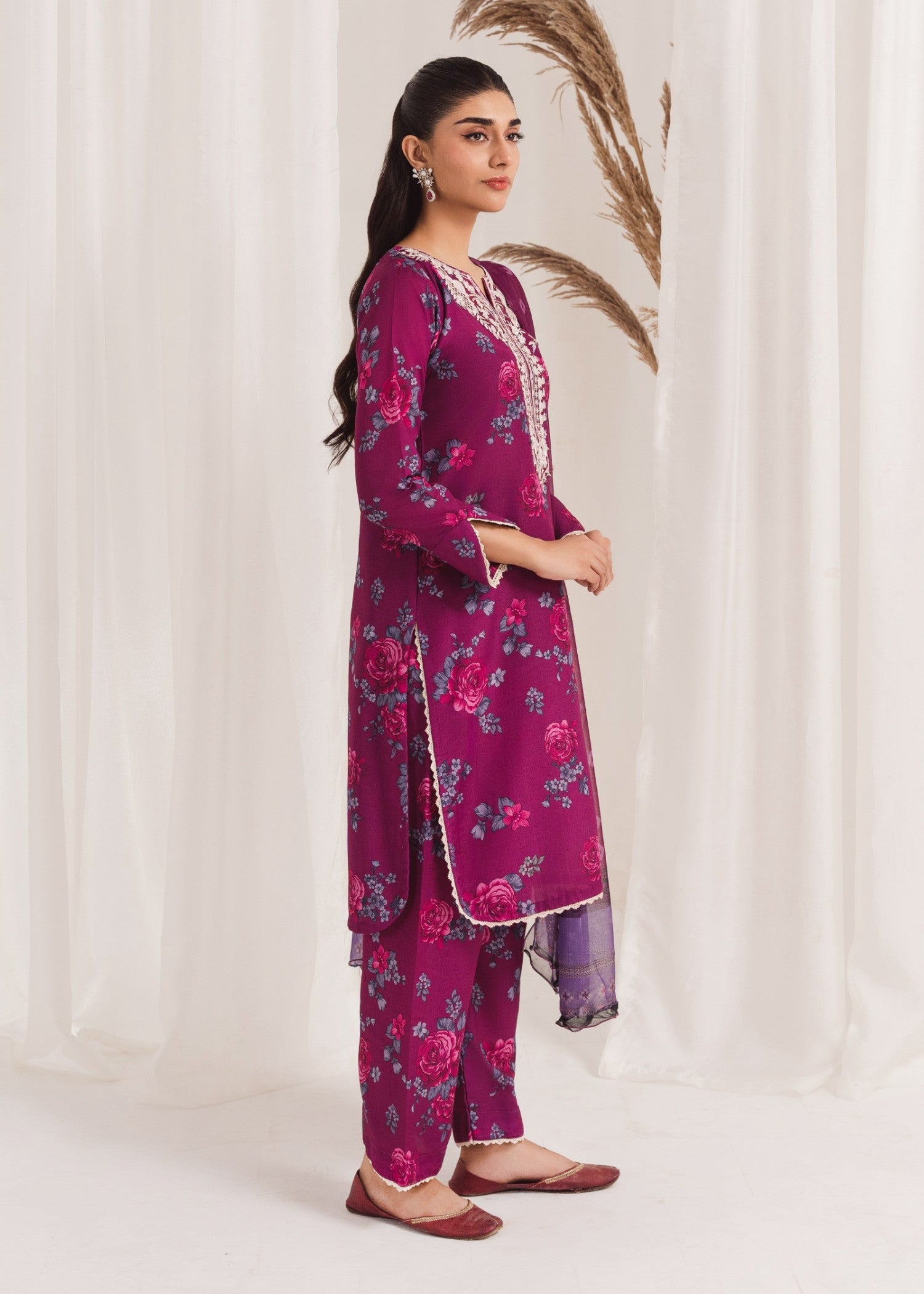 Pakistani Plum Printed Poly Lawn Kurta Set (3-Piece) - Image 2