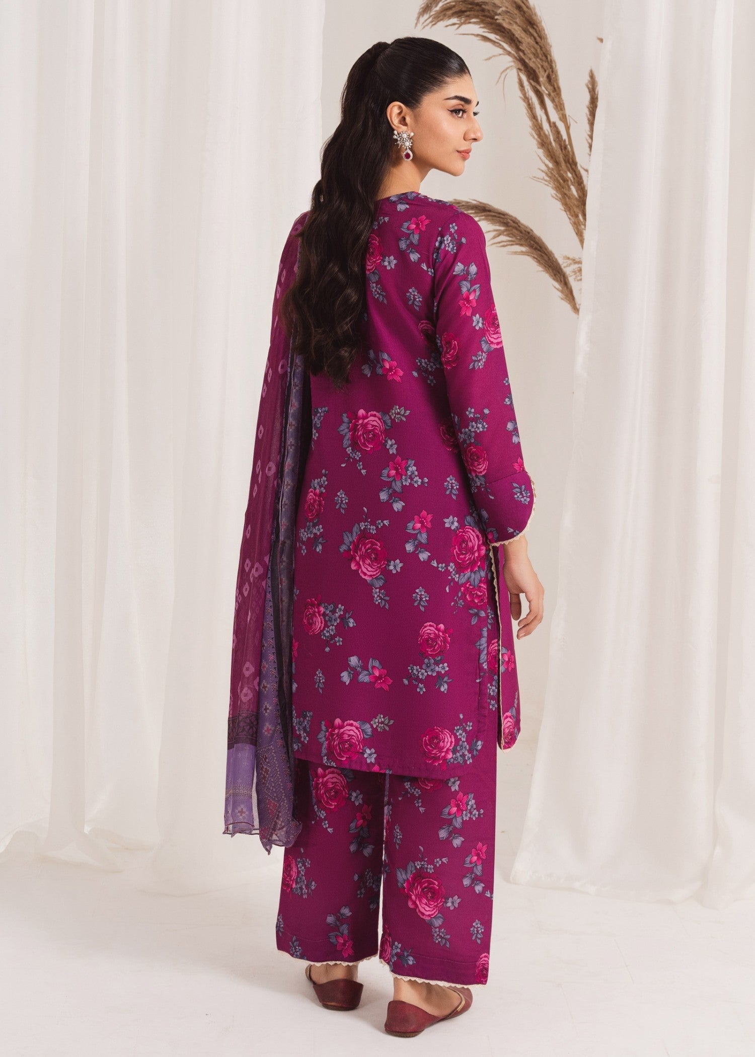 Pakistani Plum Printed Poly Lawn Kurta Set (3-Piece) - Image 3
