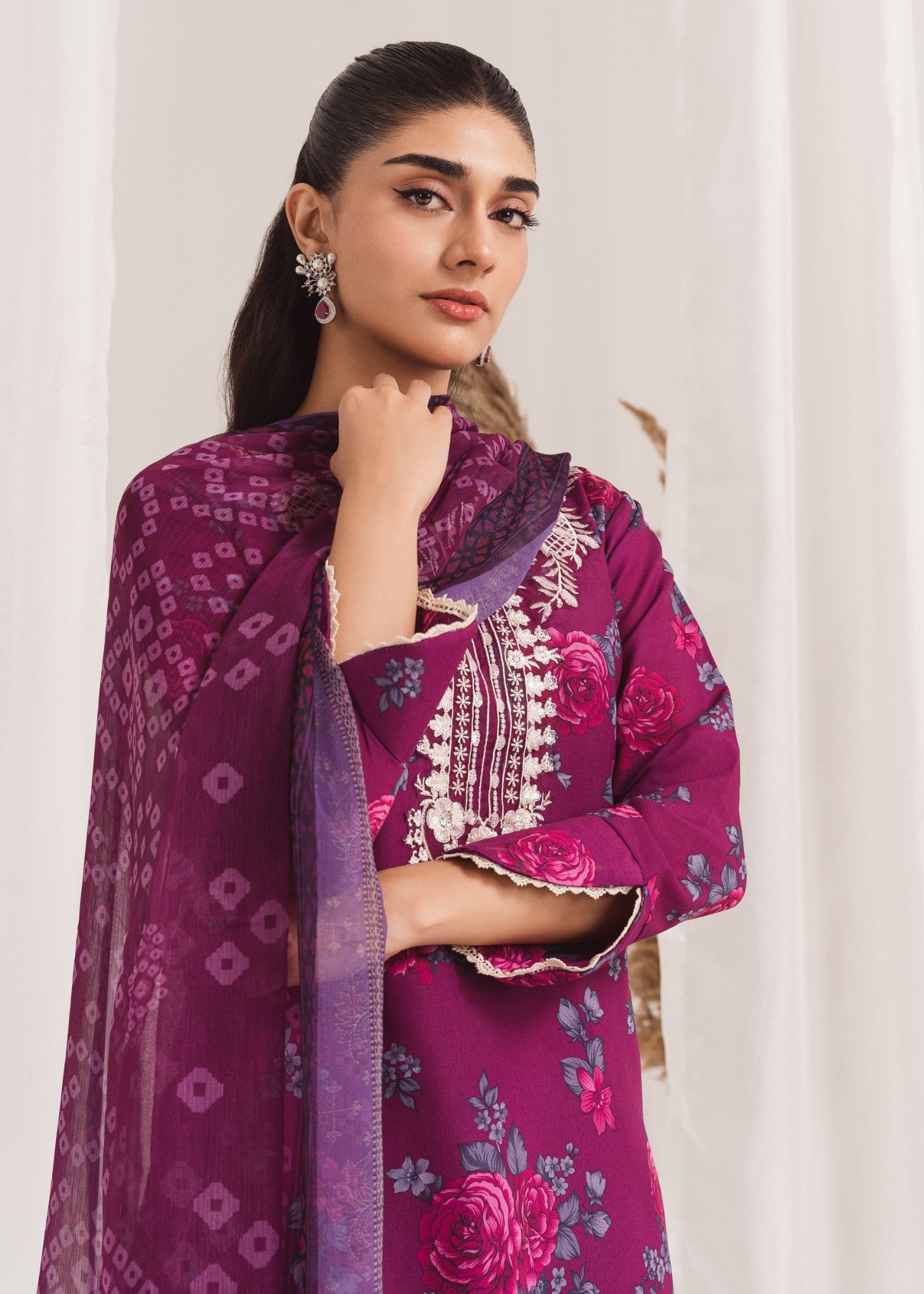 Pakistani Plum Printed Poly Lawn Kurta Set (3-Piece) - Image 4