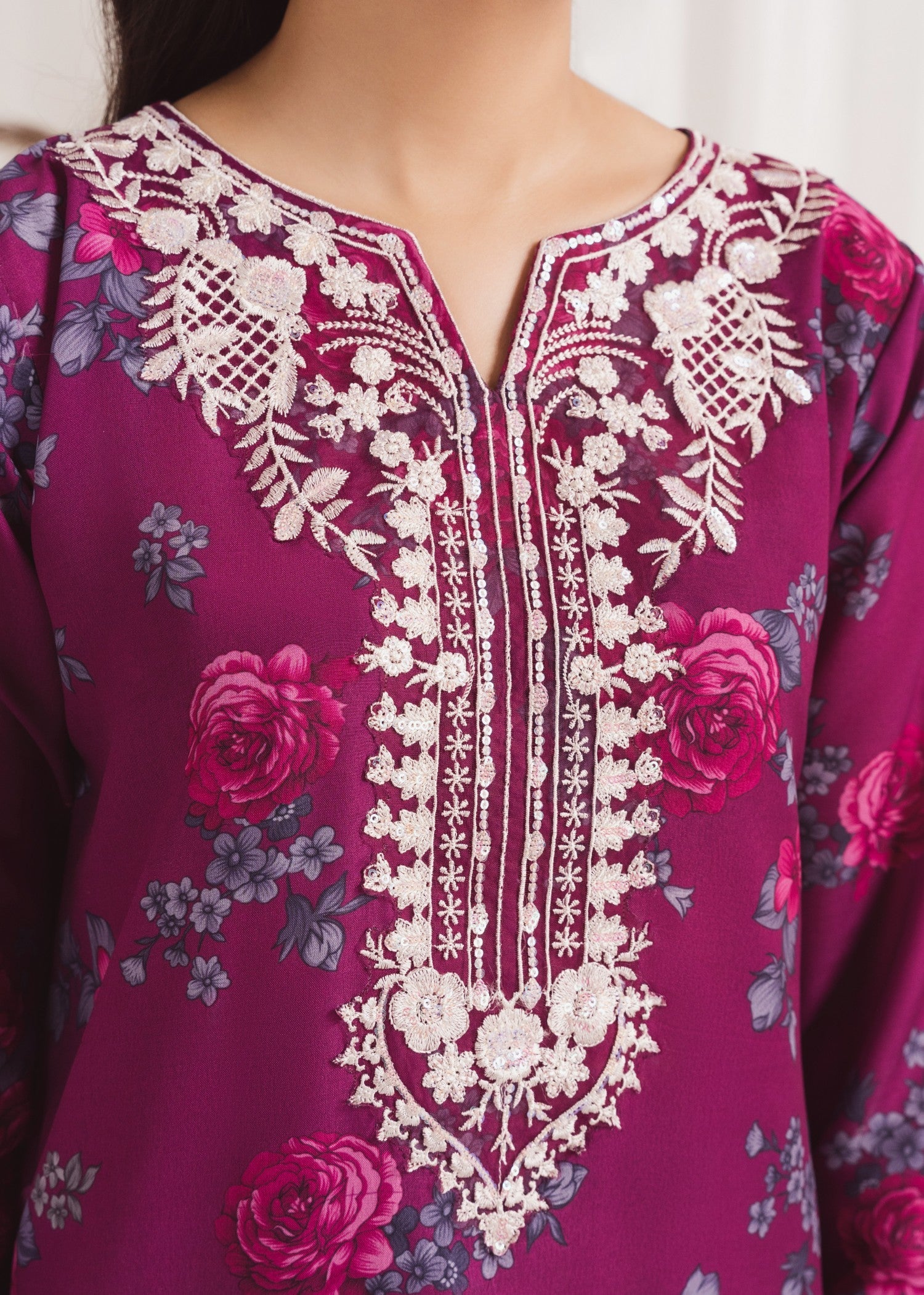 Pakistani Plum Printed Poly Lawn Kurta Set (3-Piece) - Image 5