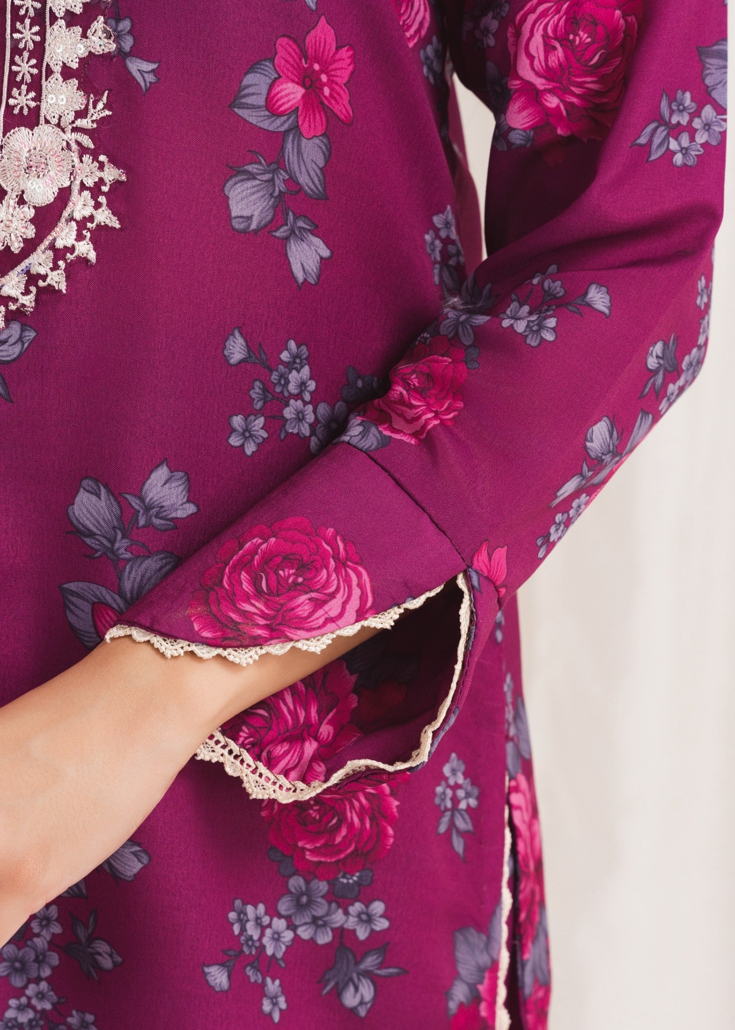 Pakistani Plum Printed Poly Lawn Kurta Set (3-Piece) - Image 6