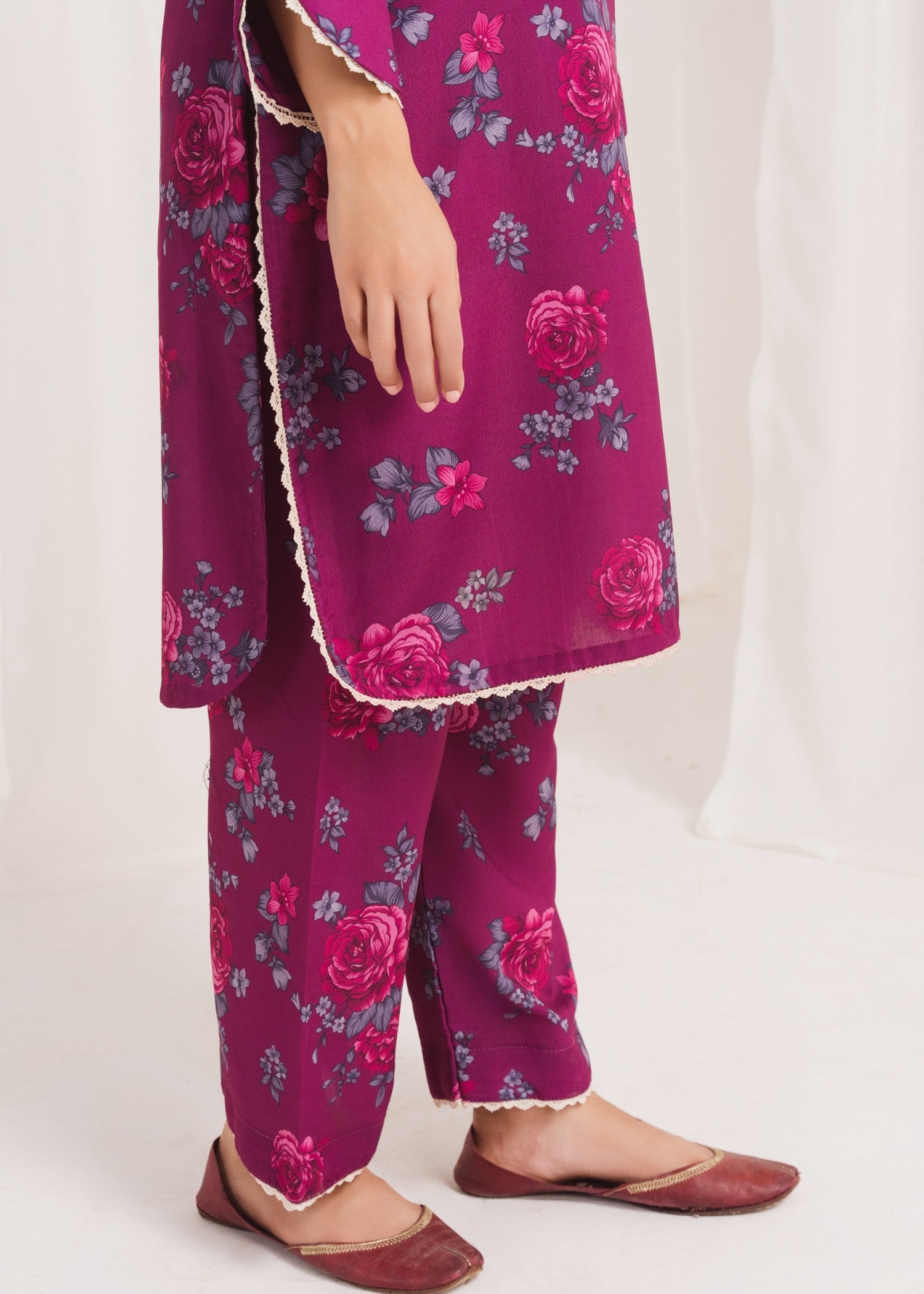 Pakistani Plum Printed Poly Lawn Kurta Set (3-Piece) - Image 7