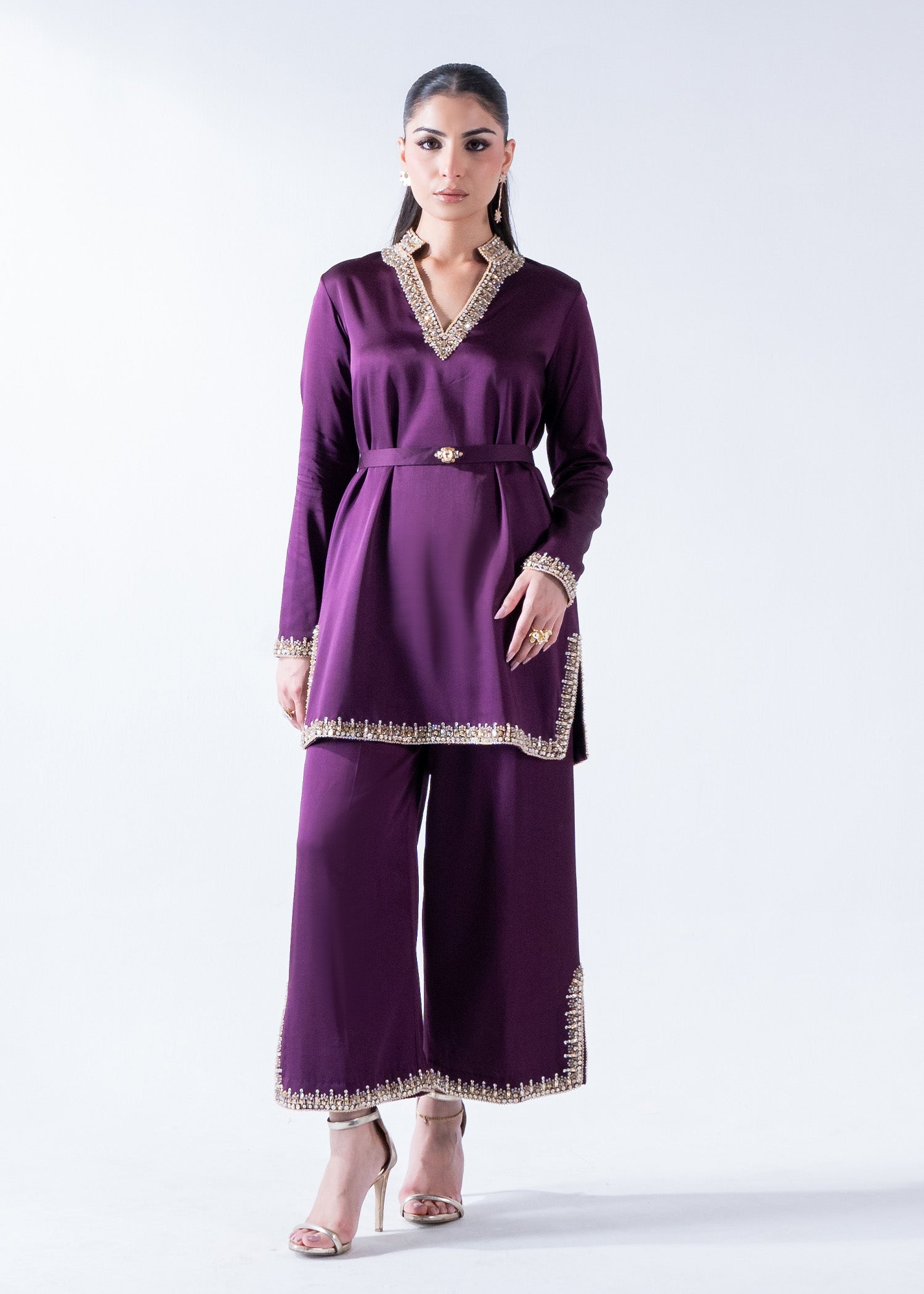 Plum Ada Work Pure Silk Short Shirt & Culottes (2-Piece) - Image 1