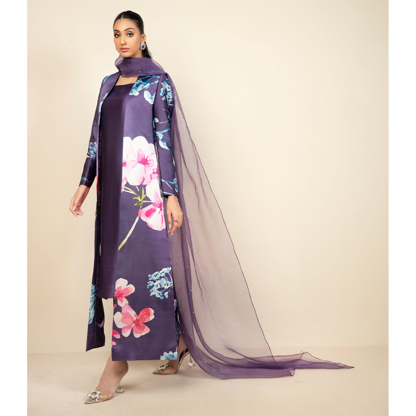 Pakistani Purple Floral Printed Silk Jacket Set (4-Piece) - Image 2