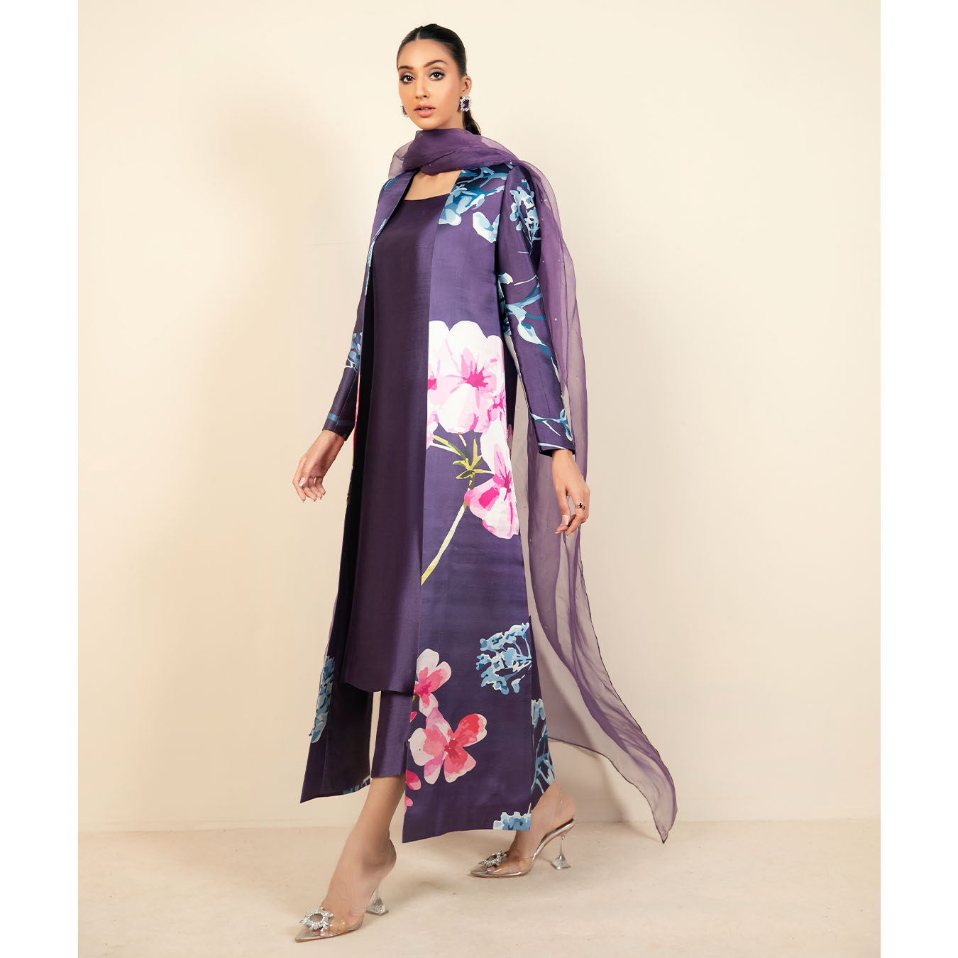 Pakistani Purple Floral Printed Silk Jacket Set (4-Piece) - Image 3