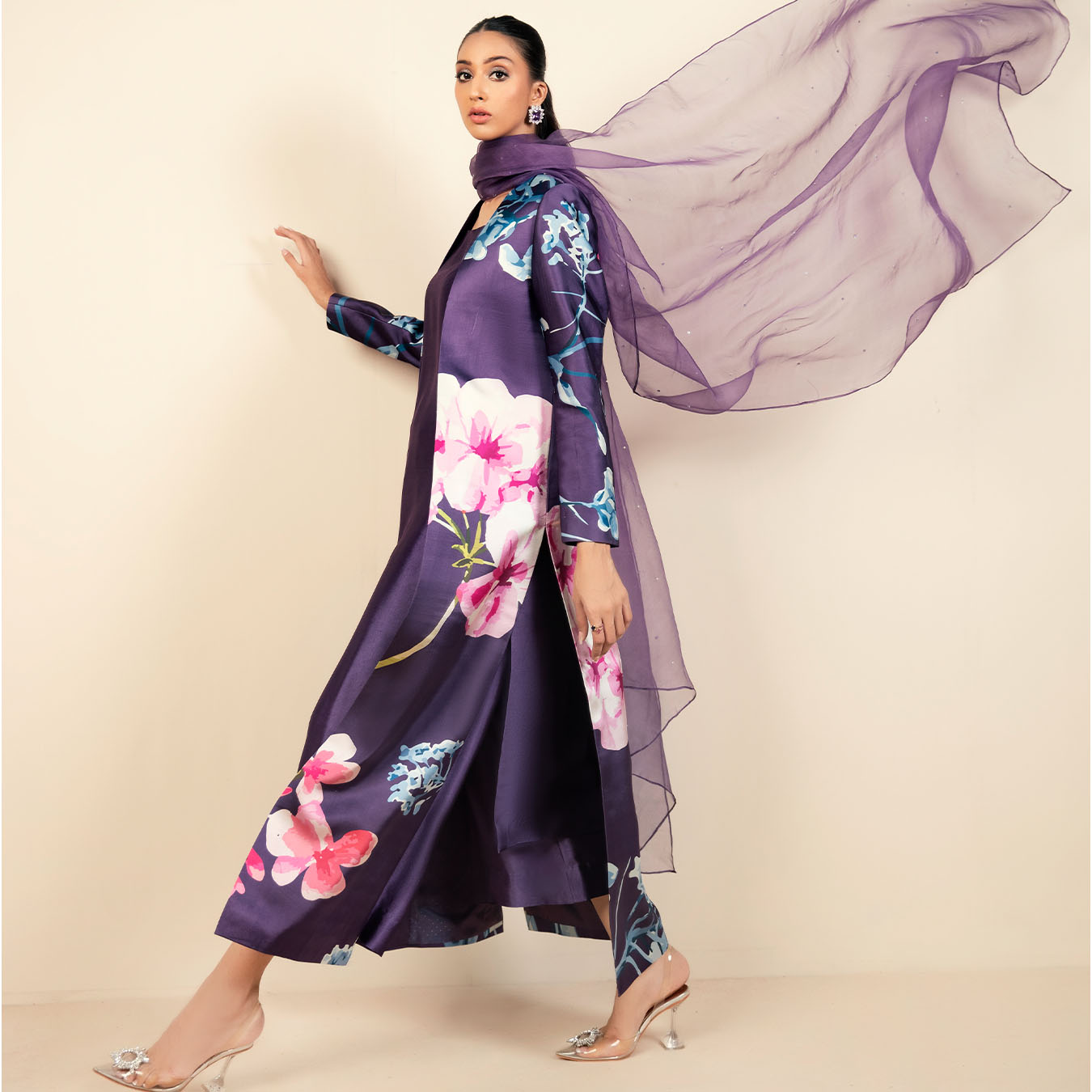 Pakistani Purple Floral Printed Silk Jacket Set (4-Piece) - Image 4
