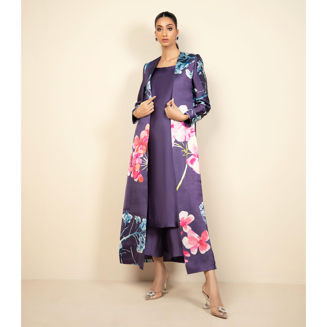 Pakistani Purple Floral Printed Silk Jacket Set (4-Piece) - Image 5