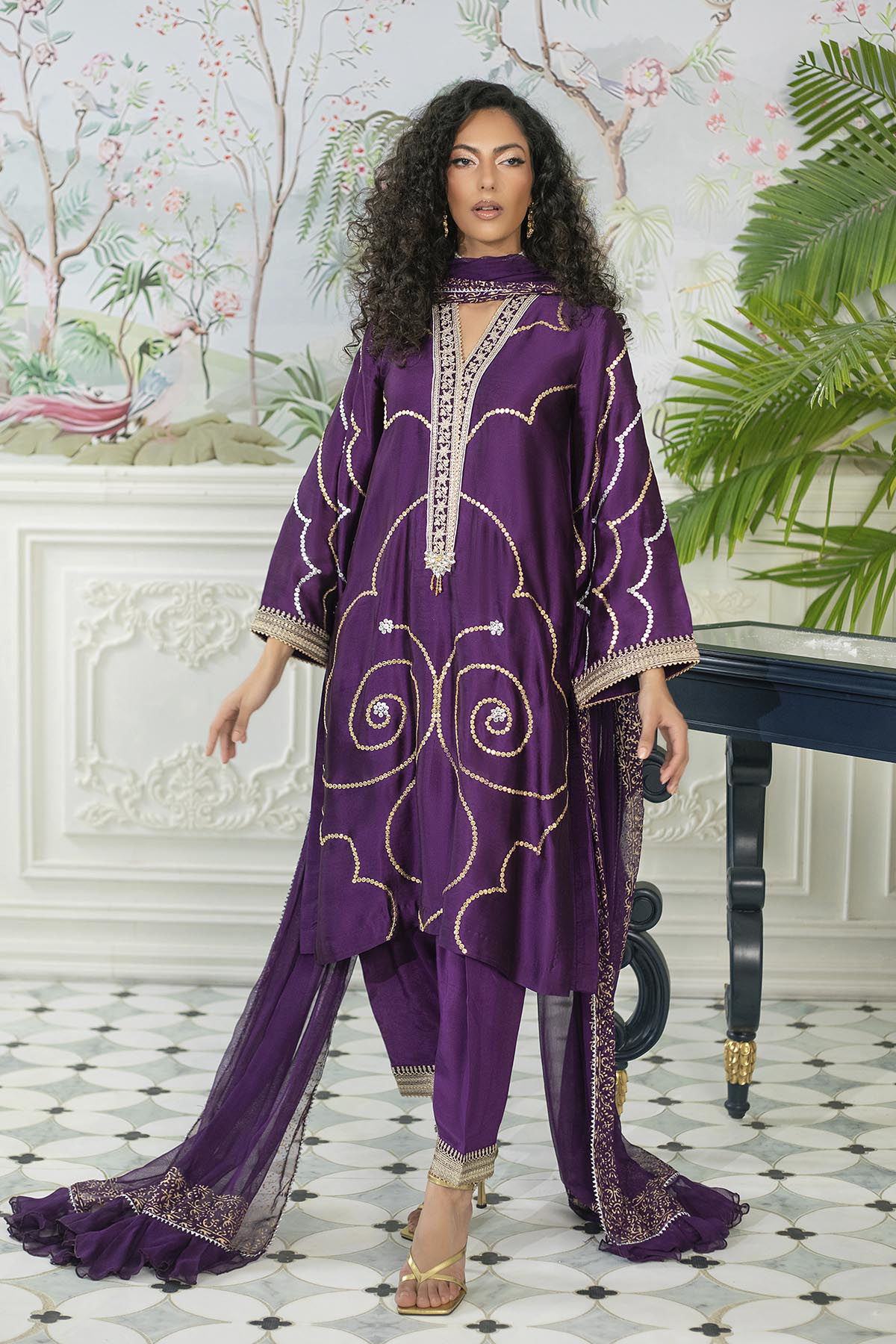 Pakistani Aubergine Zari Embroidered Pure Silk Salwar Kameez (3-Piece) - Image 1