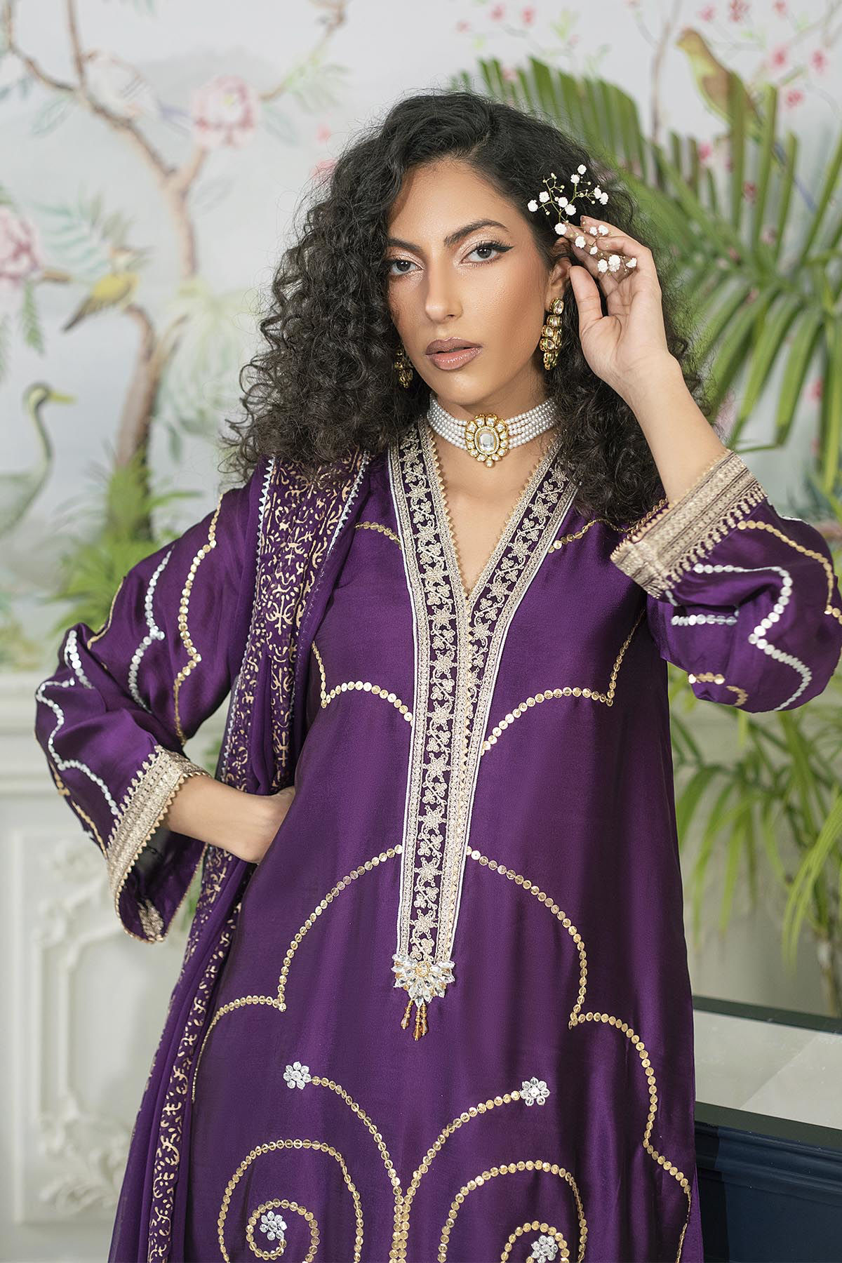 Pakistani Aubergine Zari Embroidered Pure Silk Salwar Kameez (3-Piece) - Image 2