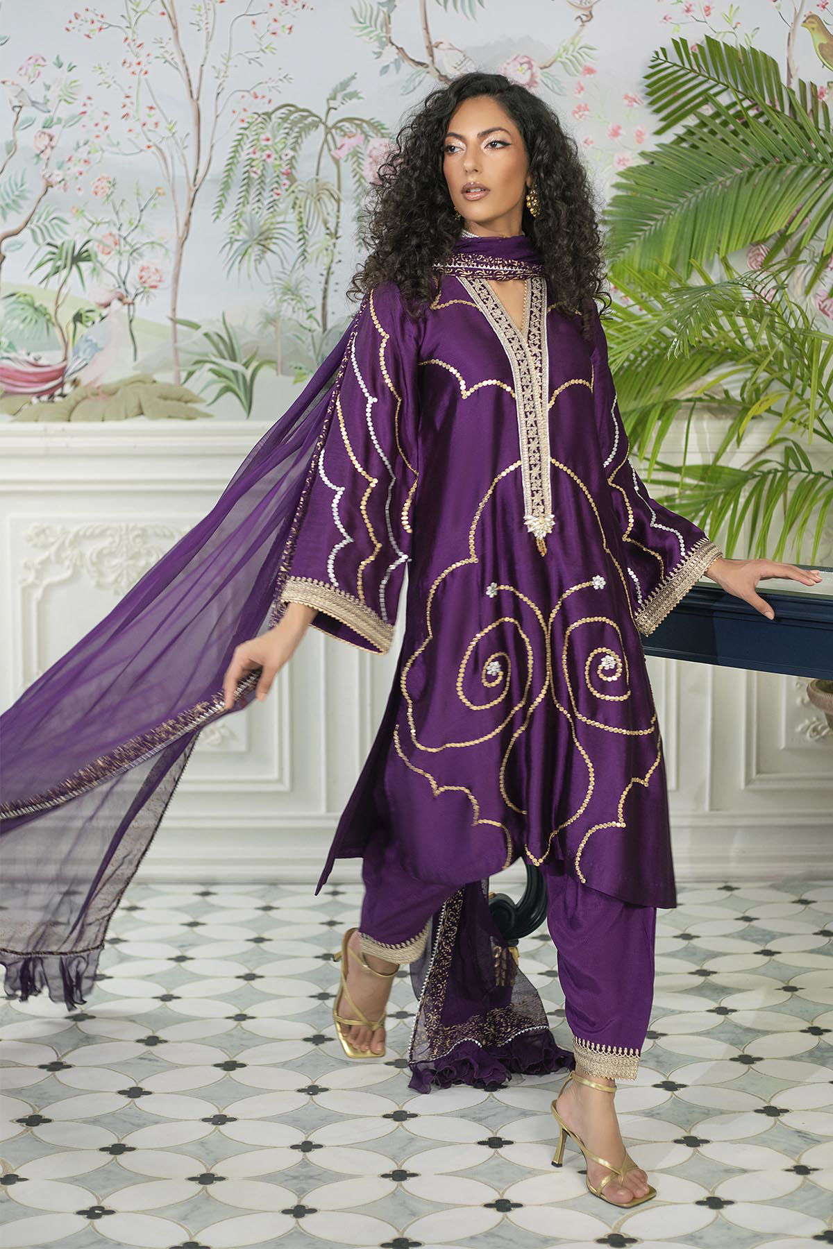 Pakistani Aubergine Zari Embroidered Pure Silk Salwar Kameez (3-Piece) - Image 3