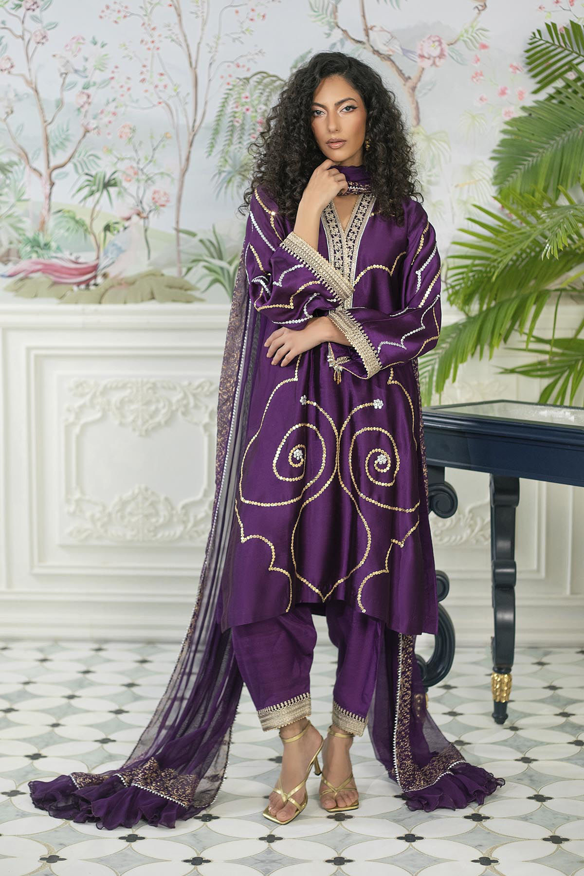 Pakistani Aubergine Zari Embroidered Pure Silk Salwar Kameez (3-Piece) - Image 4