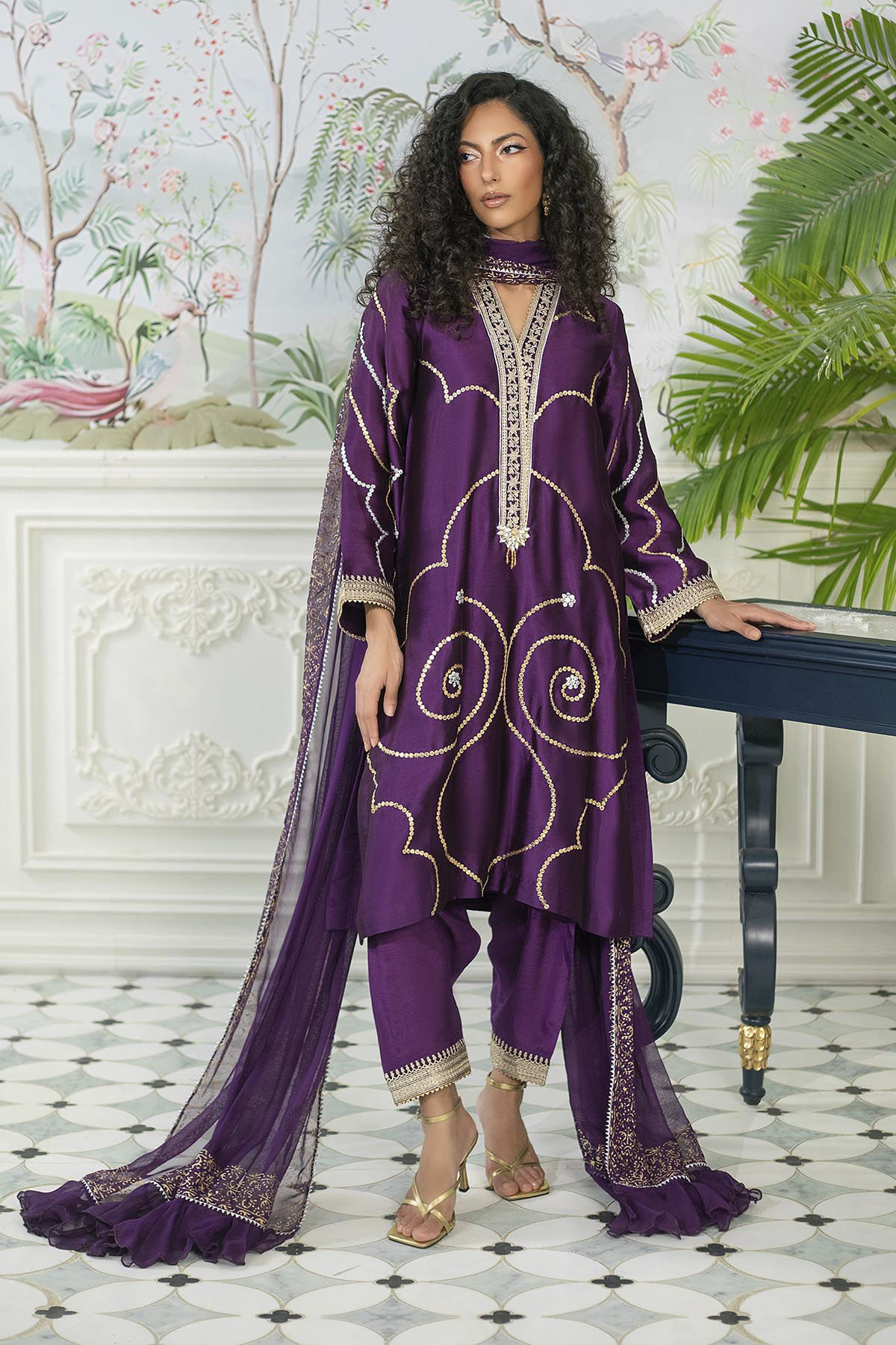 Pakistani Aubergine Zari Embroidered Pure Silk Salwar Kameez (3-Piece) - Image 5