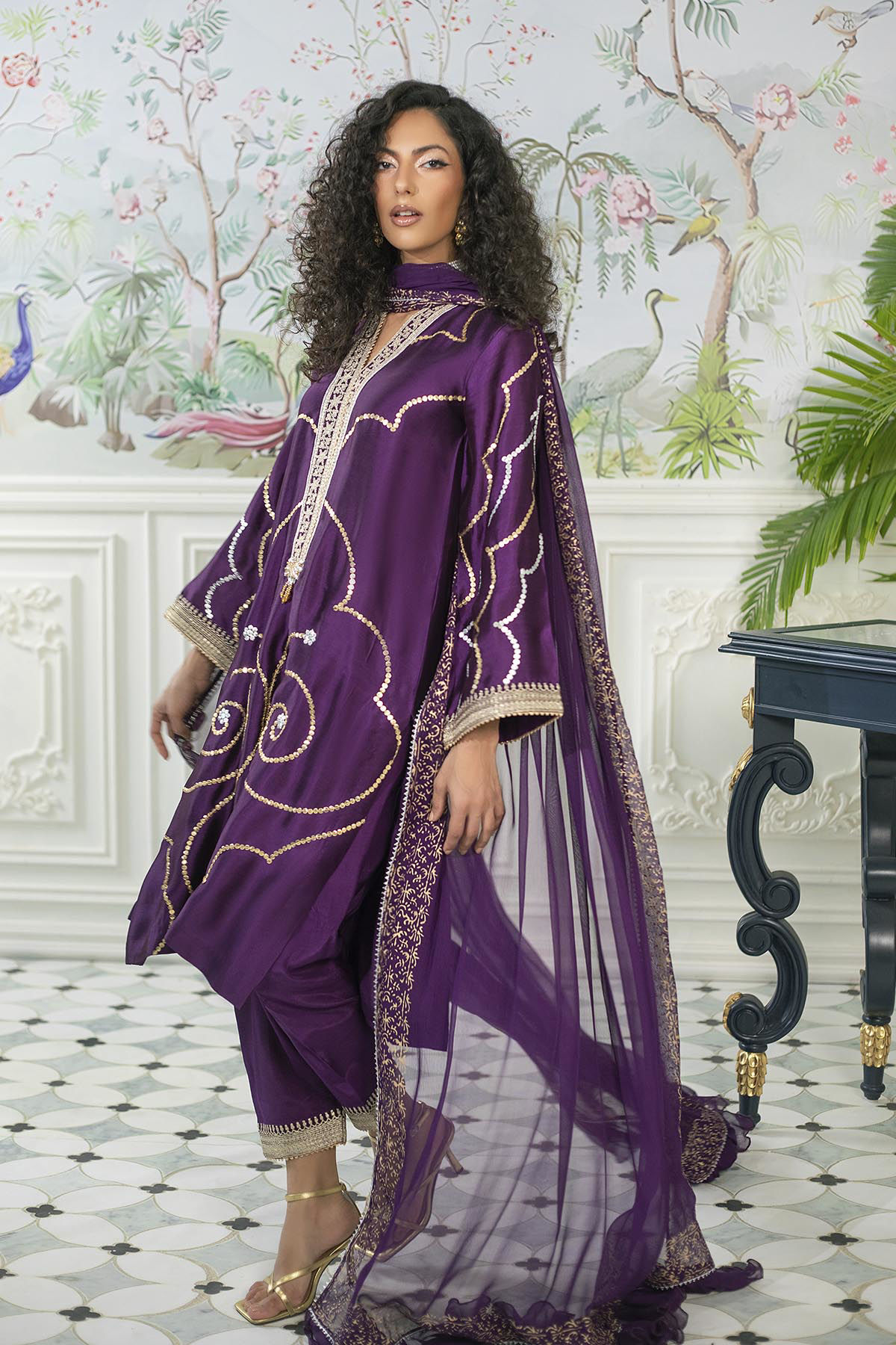 Pakistani Aubergine Zari Embroidered Pure Silk Salwar Kameez (3-Piece) - Image 6