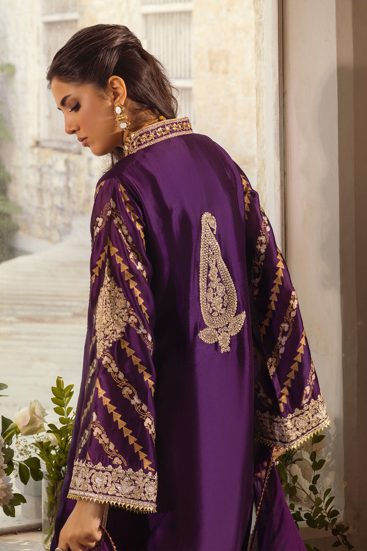 Aubergine Zari Zardozi Pure Silk A-Line Kameez (3-Piece) - Image 2