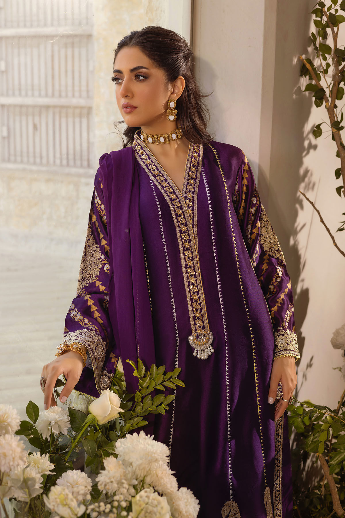 Aubergine Zari Zardozi Pure Silk A-Line Kameez (3-Piece) - Image 5