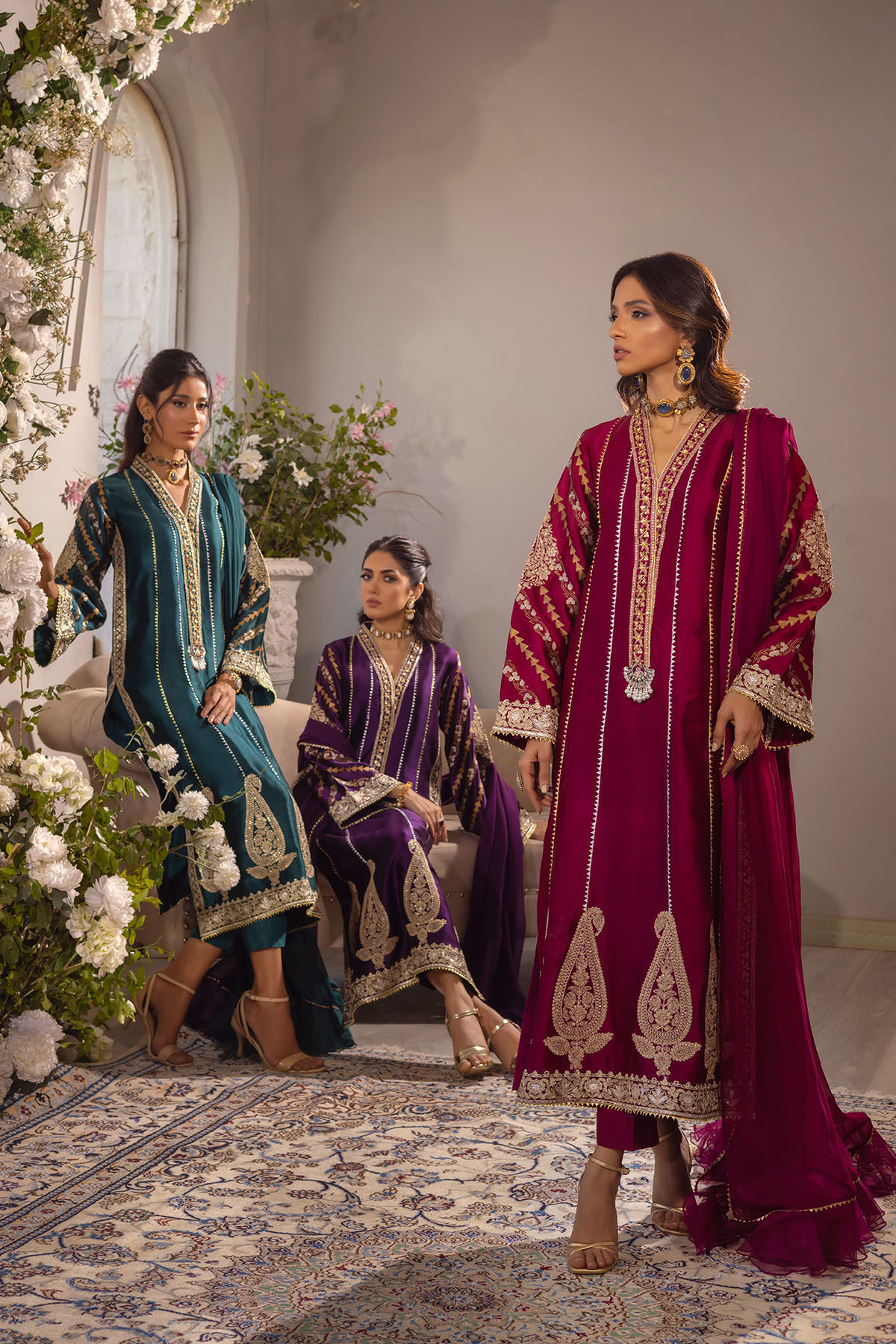 Aubergine Zari Zardozi Pure Silk A-Line Kameez (3-Piece) - Image 6