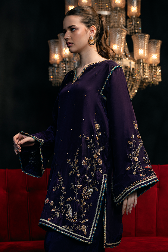 Deep Purple Embroidered Ramon Silk Salwar Kameez (3-Piece) - Image 1
