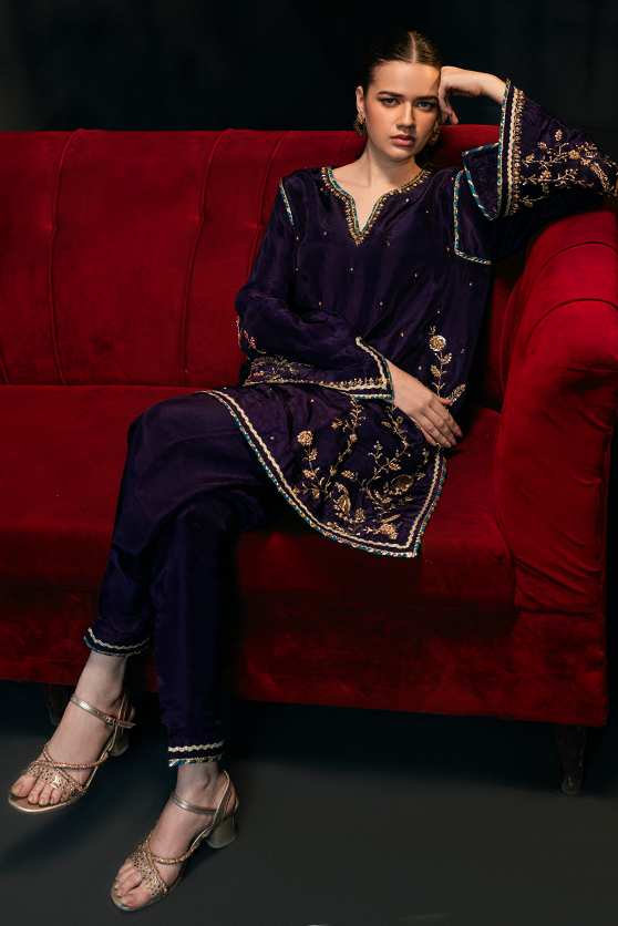 Deep Purple Embroidered Ramon Silk Salwar Kameez (3-Piece) - Image 2