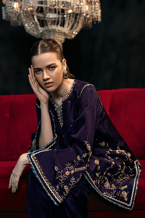 Deep Purple Embroidered Ramon Silk Salwar Kameez (3-Piece) - Image 3