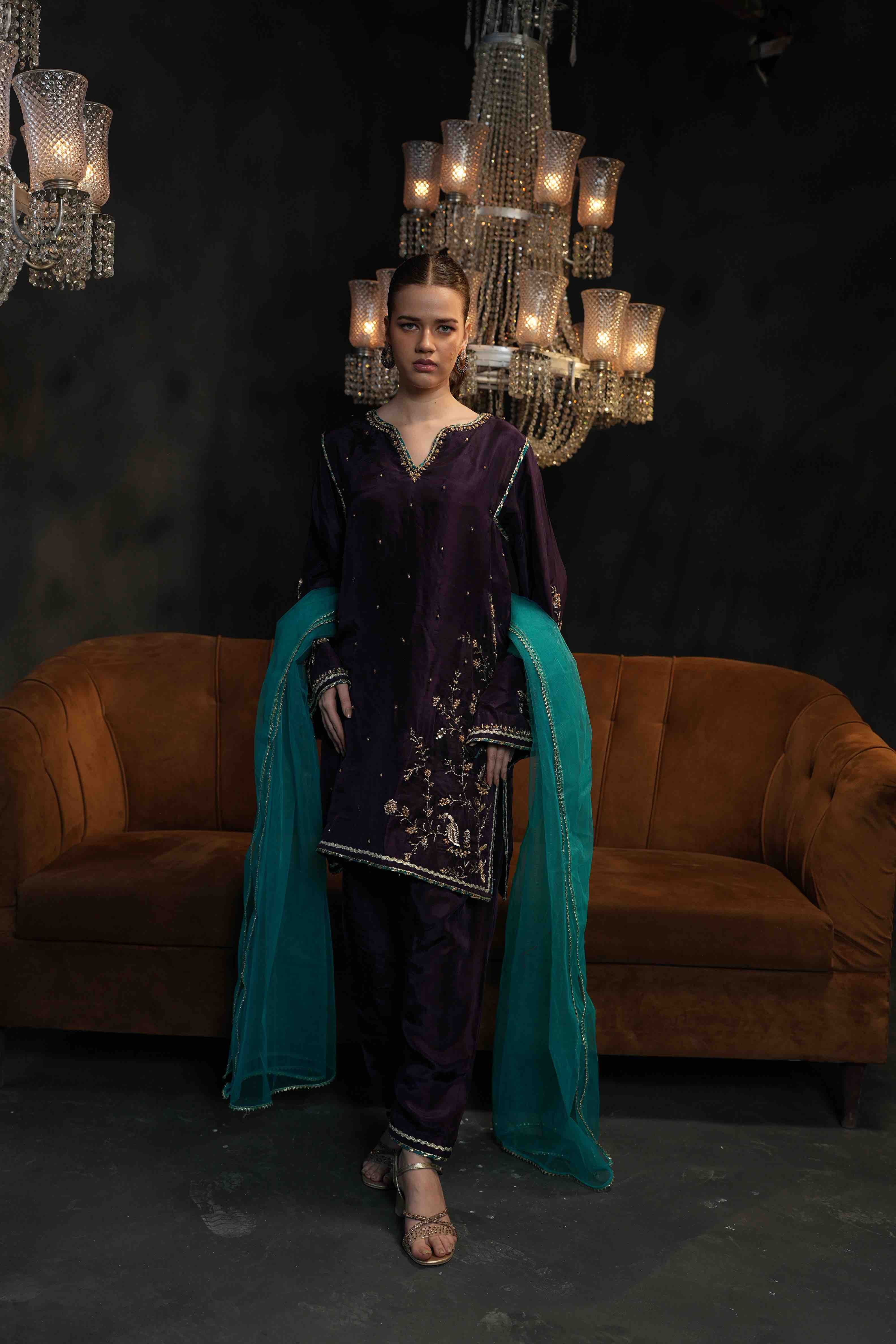 Deep Purple Embroidered Ramon Silk Salwar Kameez (3-Piece) - Image 4