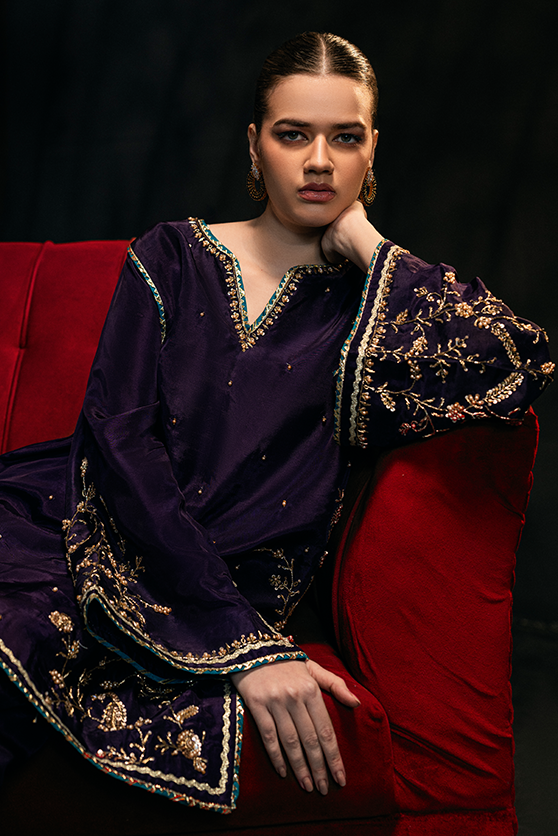 Deep Purple Embroidered Ramon Silk Salwar Kameez (3-Piece) - Image 5