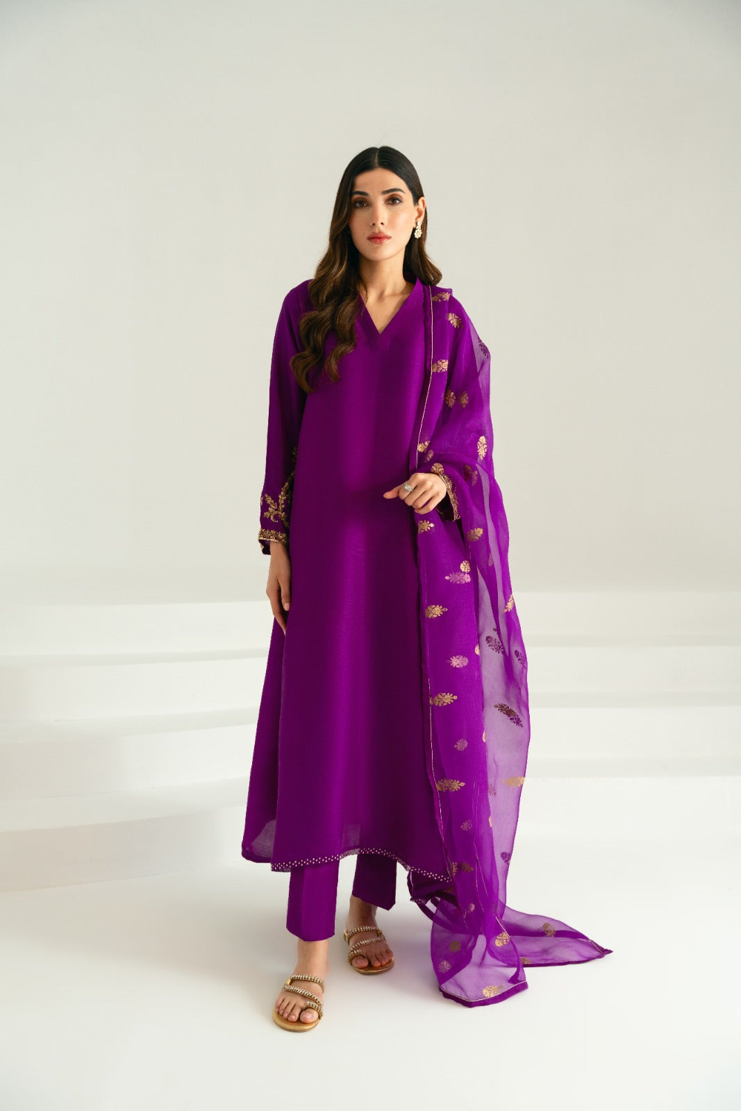 Pakistani Plum Ada Work Raw Silk Salwar Kameez (3-Piece) - Image 1