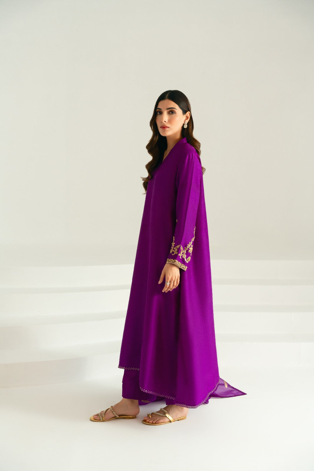 Pakistani Plum Ada Work Raw Silk Salwar Kameez (3-Piece) - Image 3