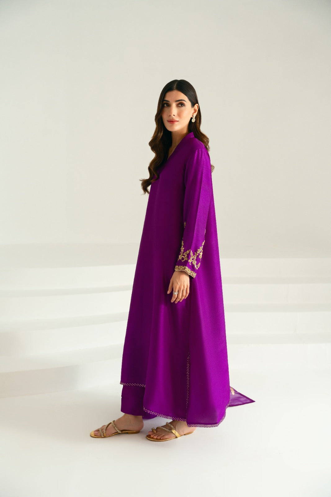 Pakistani Plum Ada Work Raw Silk Salwar Kameez (3-Piece) - Image 4