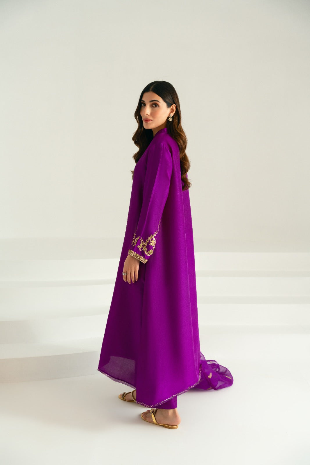 Pakistani Plum Ada Work Raw Silk Salwar Kameez (3-Piece) - Image 5