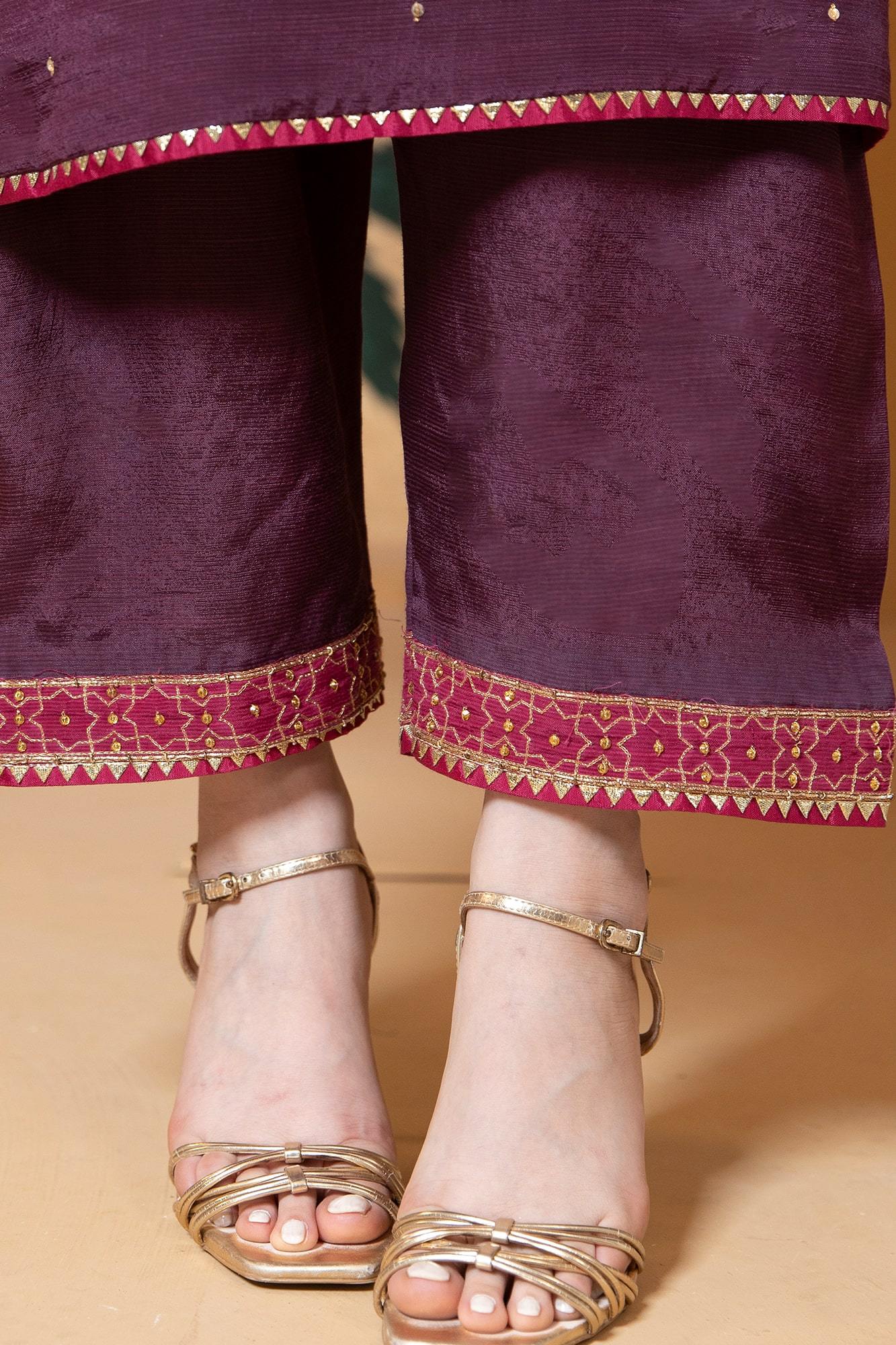 Plum Appliquéd Raw Silk Salwar Kameez (3-Piece) - Image 1