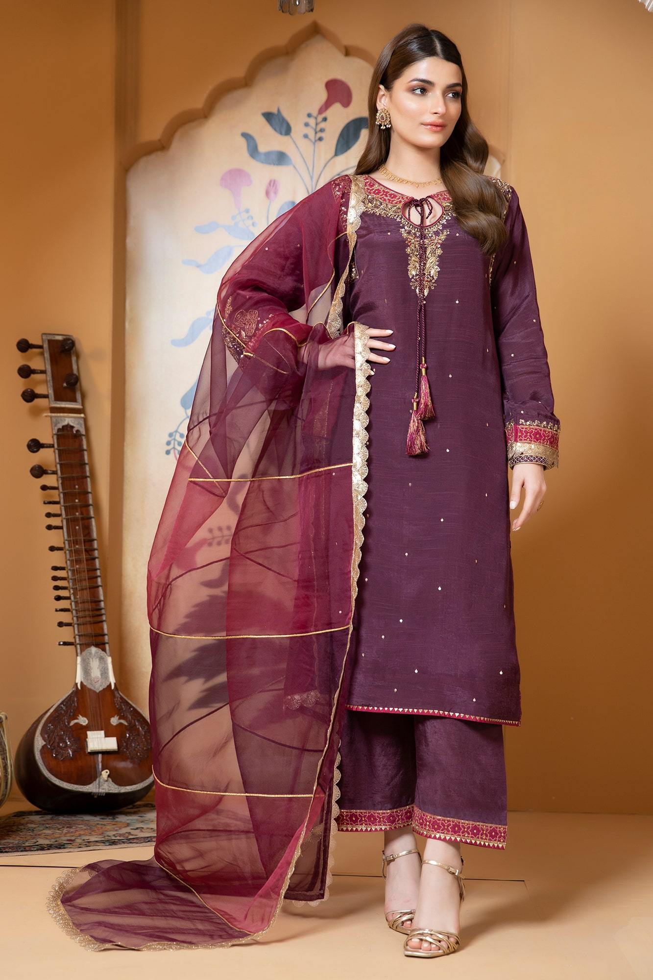 Plum Appliquéd Raw Silk Salwar Kameez (3-Piece) - Image 2