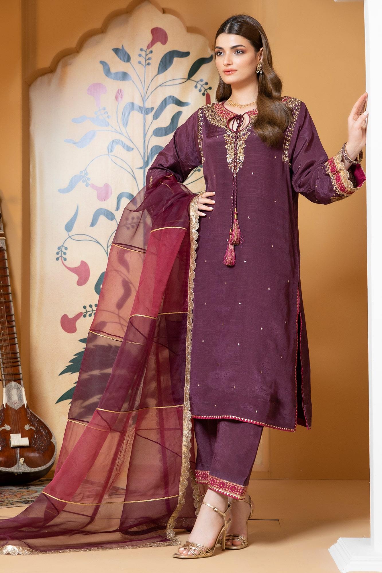 Plum Appliquéd Raw Silk Salwar Kameez (3-Piece) - Image 3