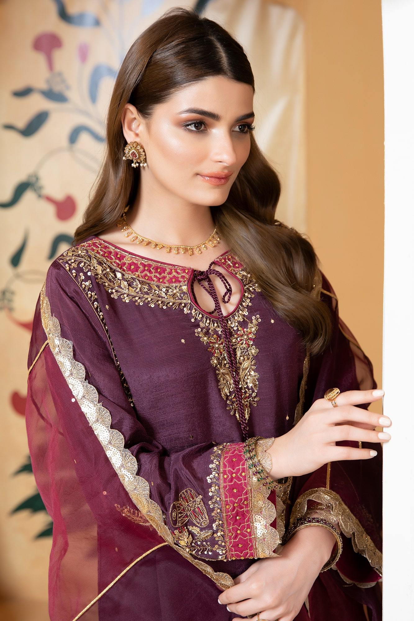 Plum Appliquéd Raw Silk Salwar Kameez (3-Piece) - Image 4