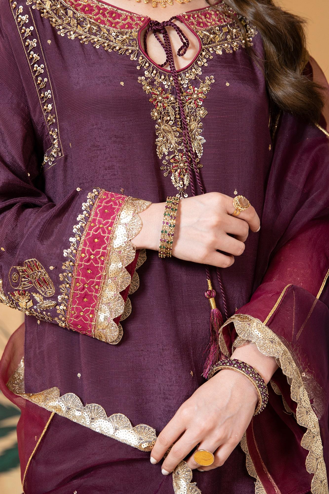 Plum Appliquéd Raw Silk Salwar Kameez (3-Piece) - Image 5