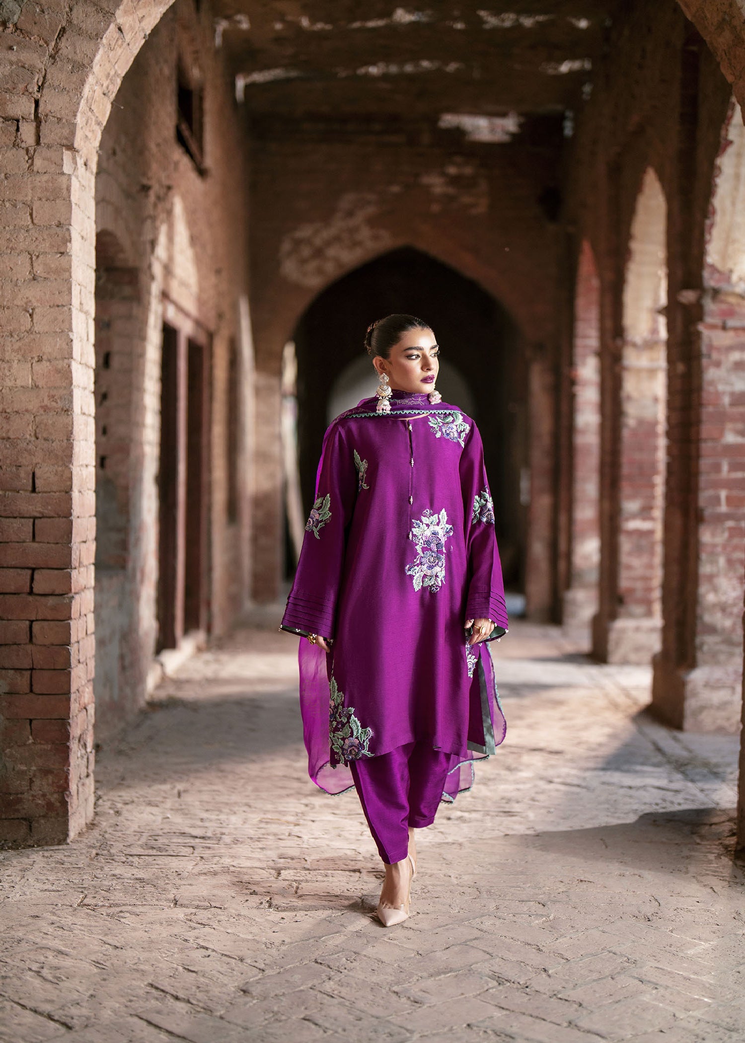 Purple Embroidered Raw Silk Kurta Set (3-Piece) - Image 1