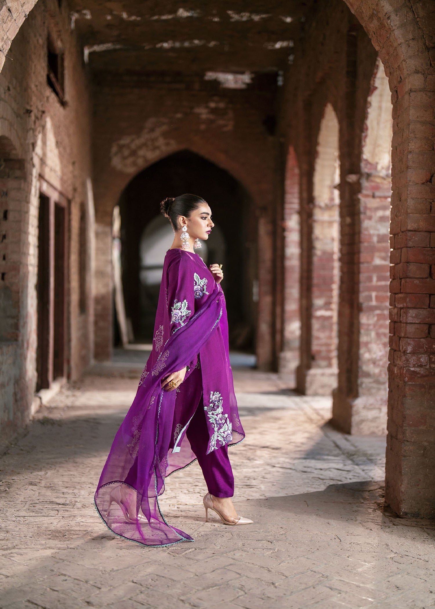 Purple Embroidered Raw Silk Kurta Set (3-Piece) - Image 2