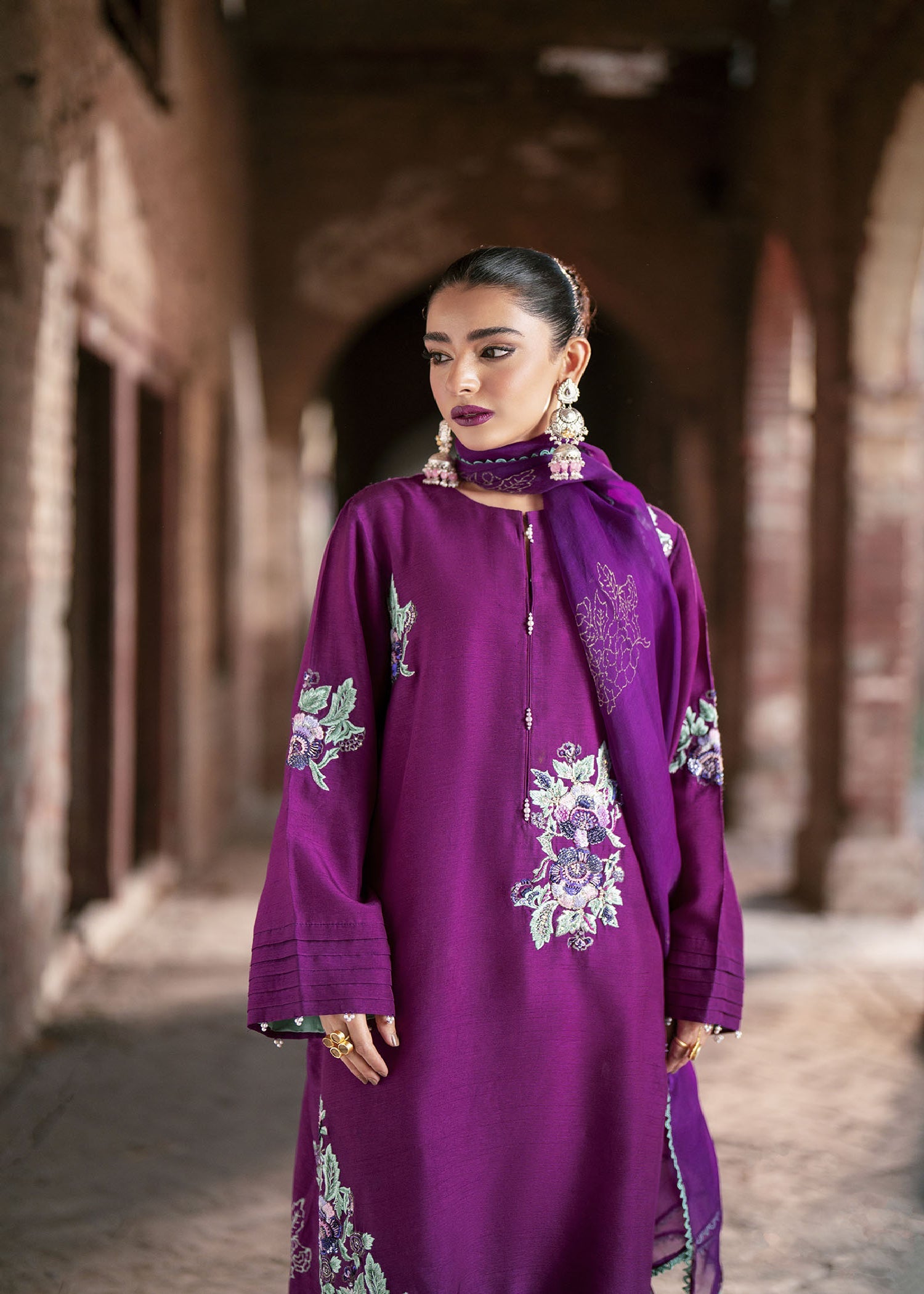 Purple Embroidered Raw Silk Kurta Set (3-Piece) - Image 4