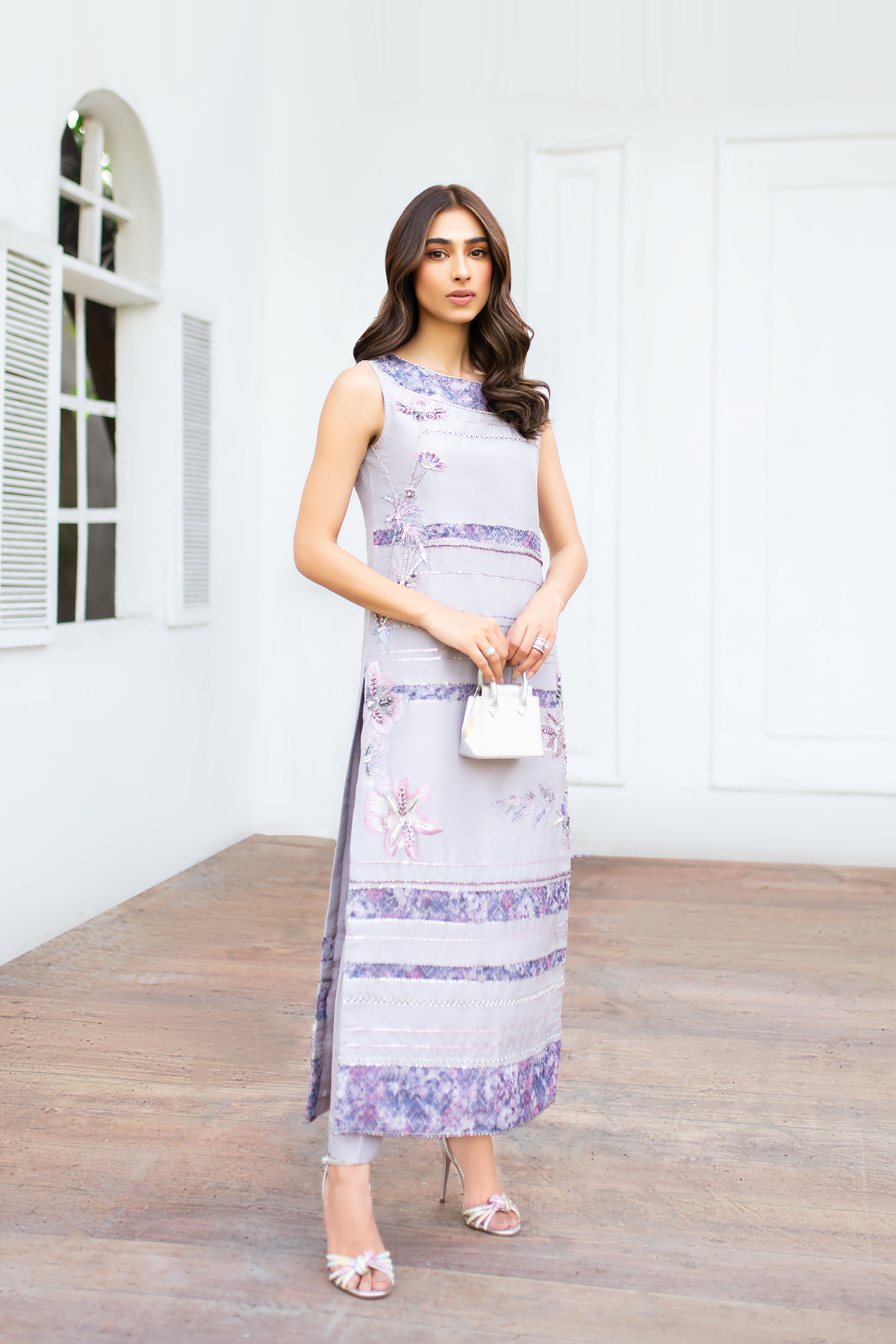 Lilac Embroidered Raw Silk Salwar Kameez (2-Piece) - Image 3