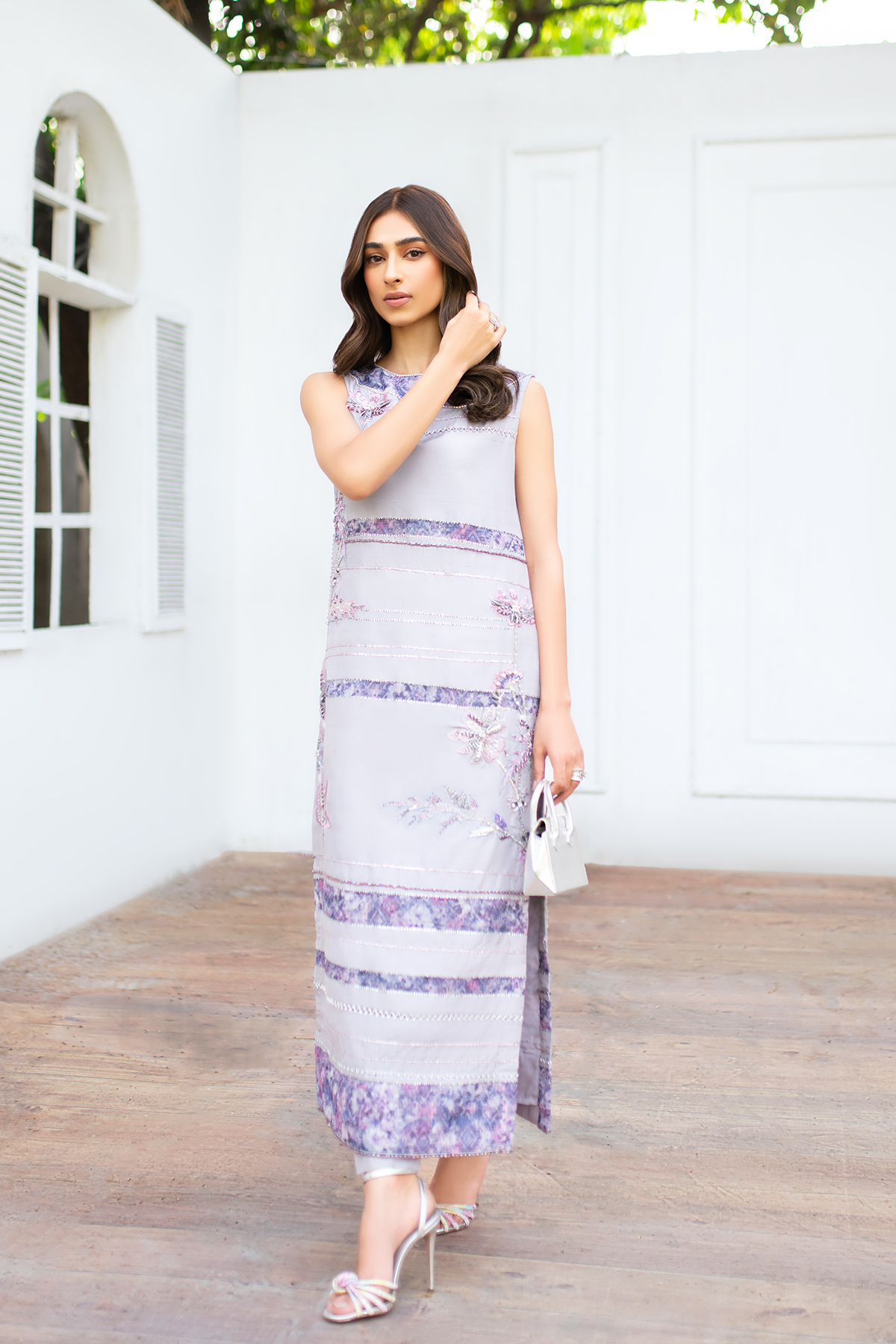 Lilac Embroidered Raw Silk Salwar Kameez (2-Piece) - Image 4