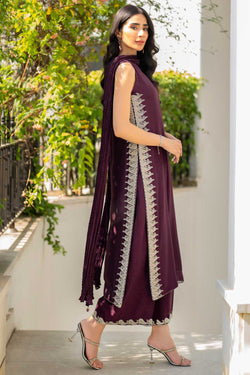 Plum Crystal Embellished Raw Silk Salwar Kameez (3-Piece) - Image 1