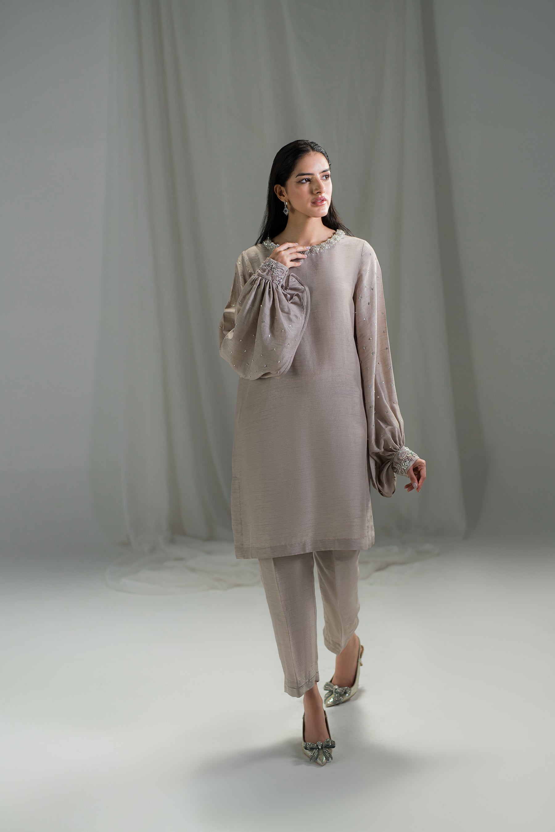 Pakistani Dusty Lavender Embellished Raw Silk Salwar Kameez (2-Piece) - Image 1