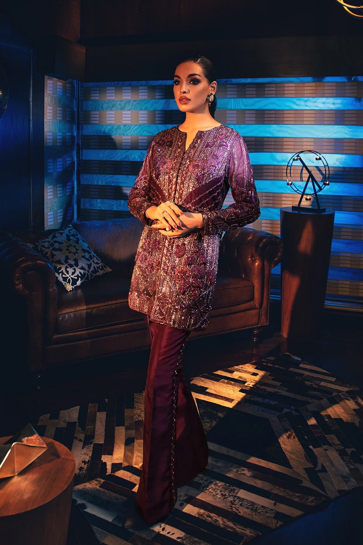 Pakistani Deep Amethyst Embellished Raw Silk Jacket & Pants (2-Piece) - Image 1