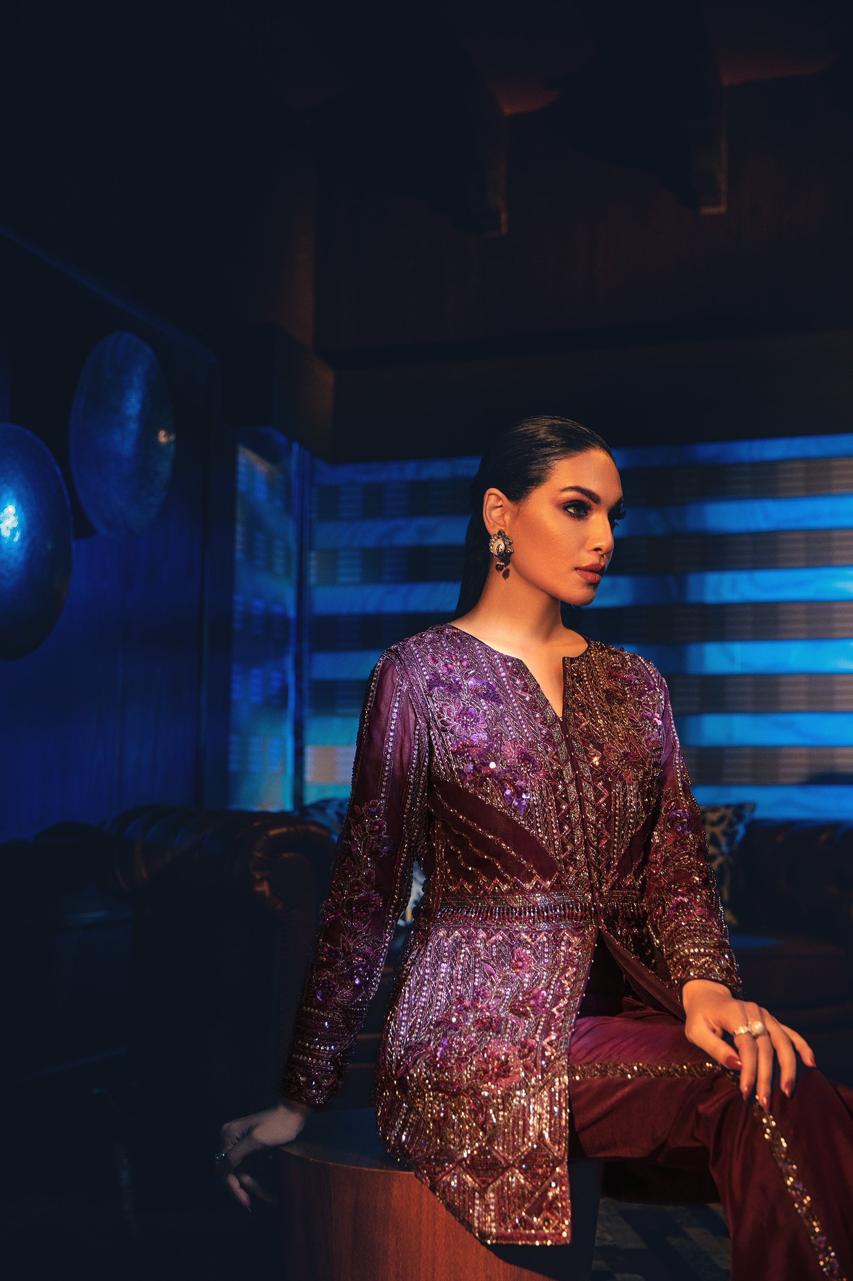 Pakistani Deep Amethyst Embellished Raw Silk Jacket & Pants (2-Piece) - Image 2