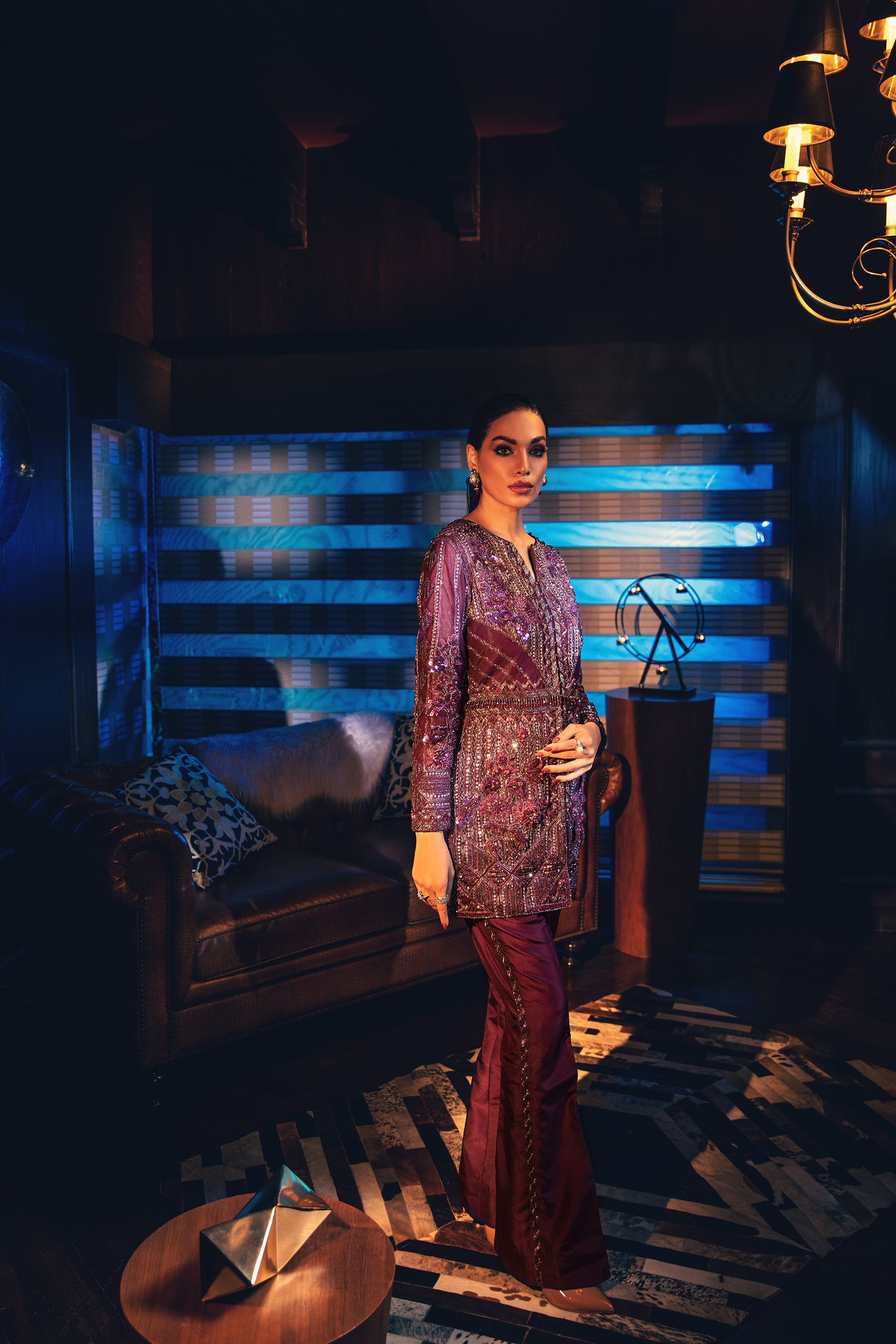 Pakistani Deep Amethyst Embellished Raw Silk Jacket & Pants (2-Piece) - Image 3