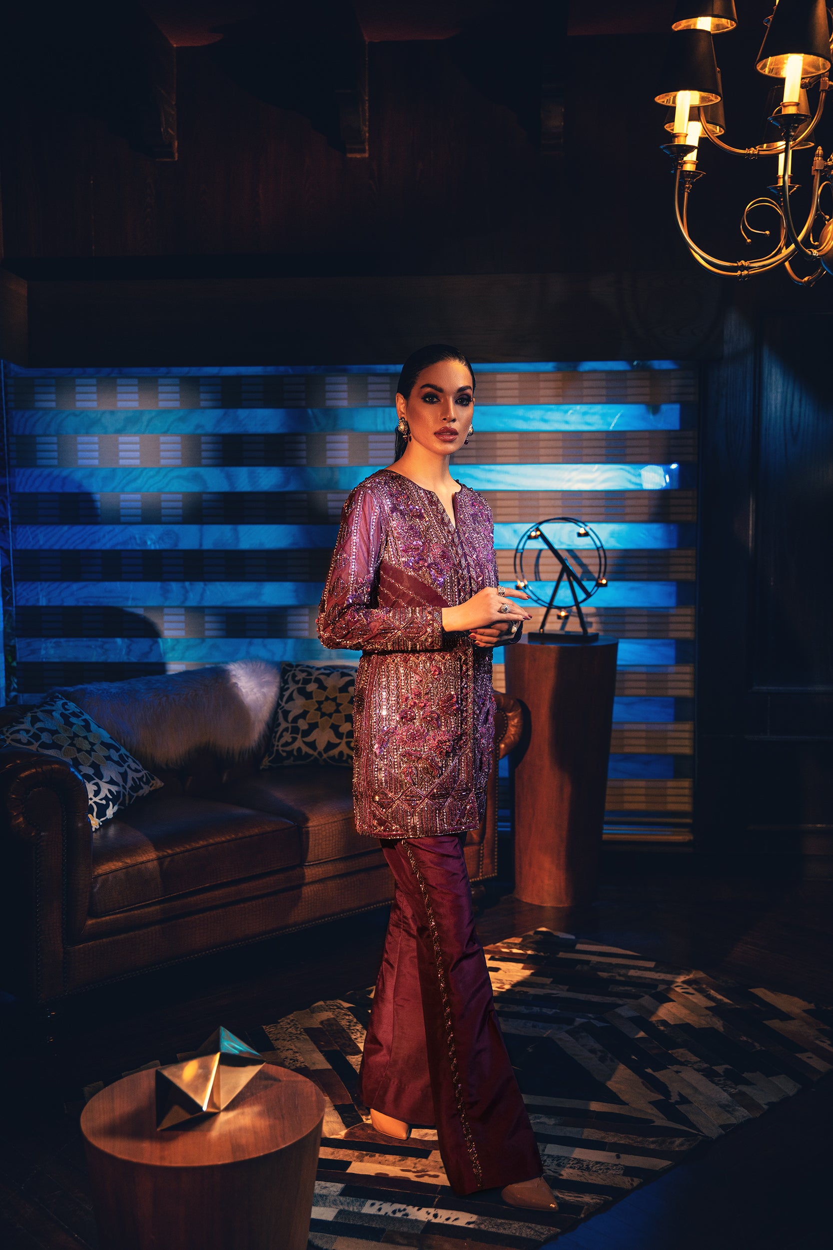 Pakistani Deep Amethyst Embellished Raw Silk Jacket & Pants (2-Piece) - Image 5