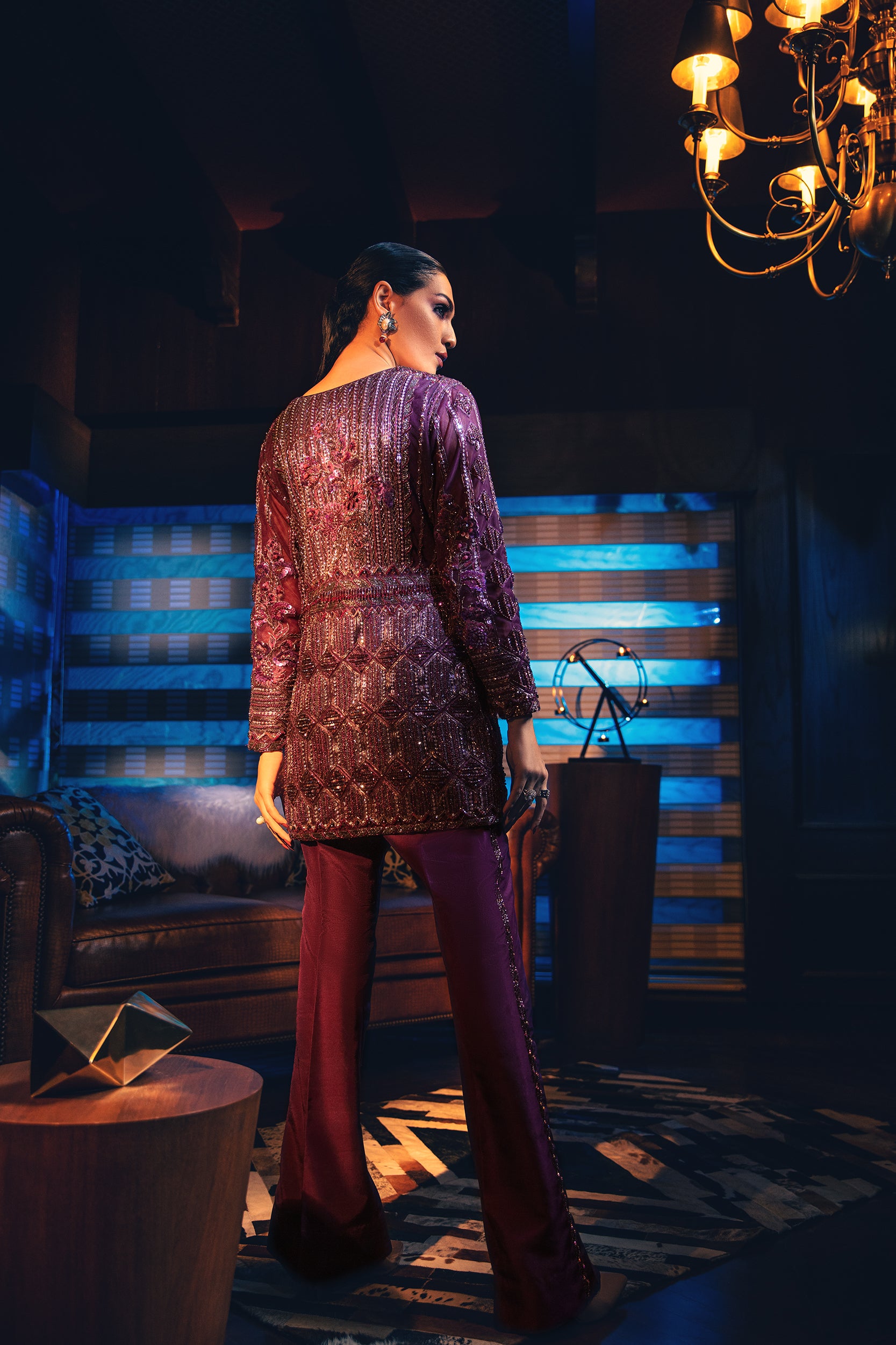 Pakistani Deep Amethyst Embellished Raw Silk Jacket & Pants (2-Piece) - Image 7