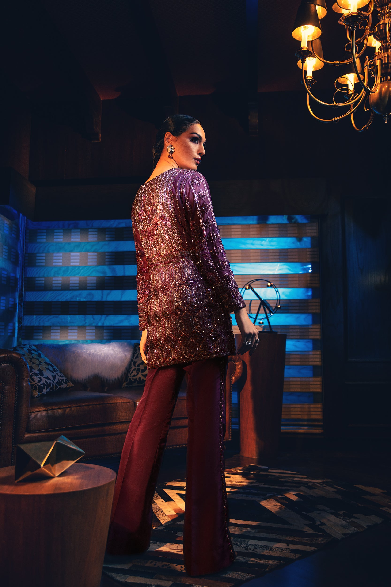 Pakistani Deep Amethyst Embellished Raw Silk Jacket & Pants (2-Piece) - Image 8